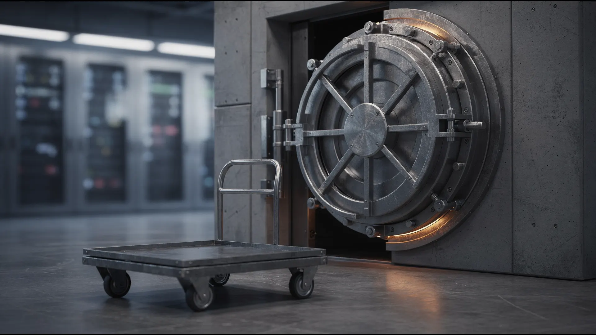 A steel vault door stands slightly open beside an unmarked empty armored cart.