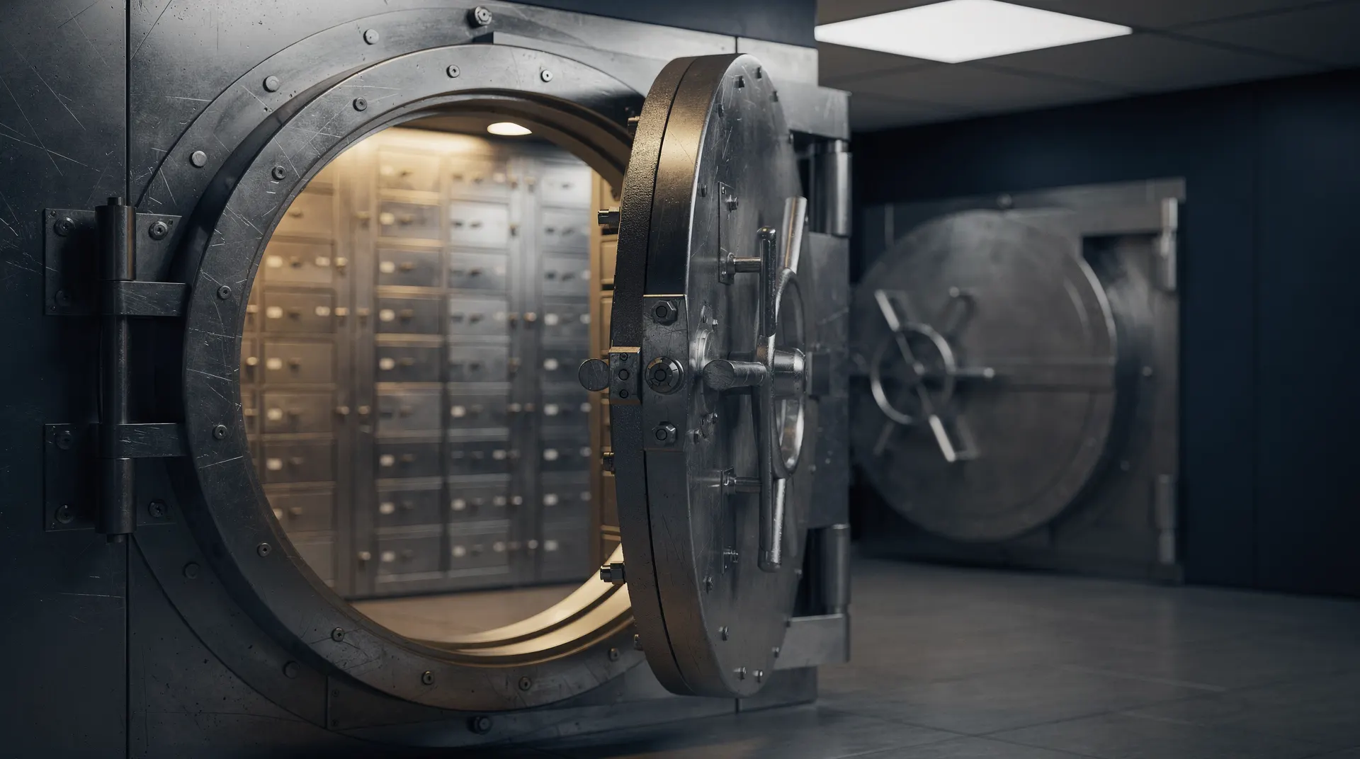 An open steel vault door reveals rows of unmarked deposit boxes in warm, subdued light.