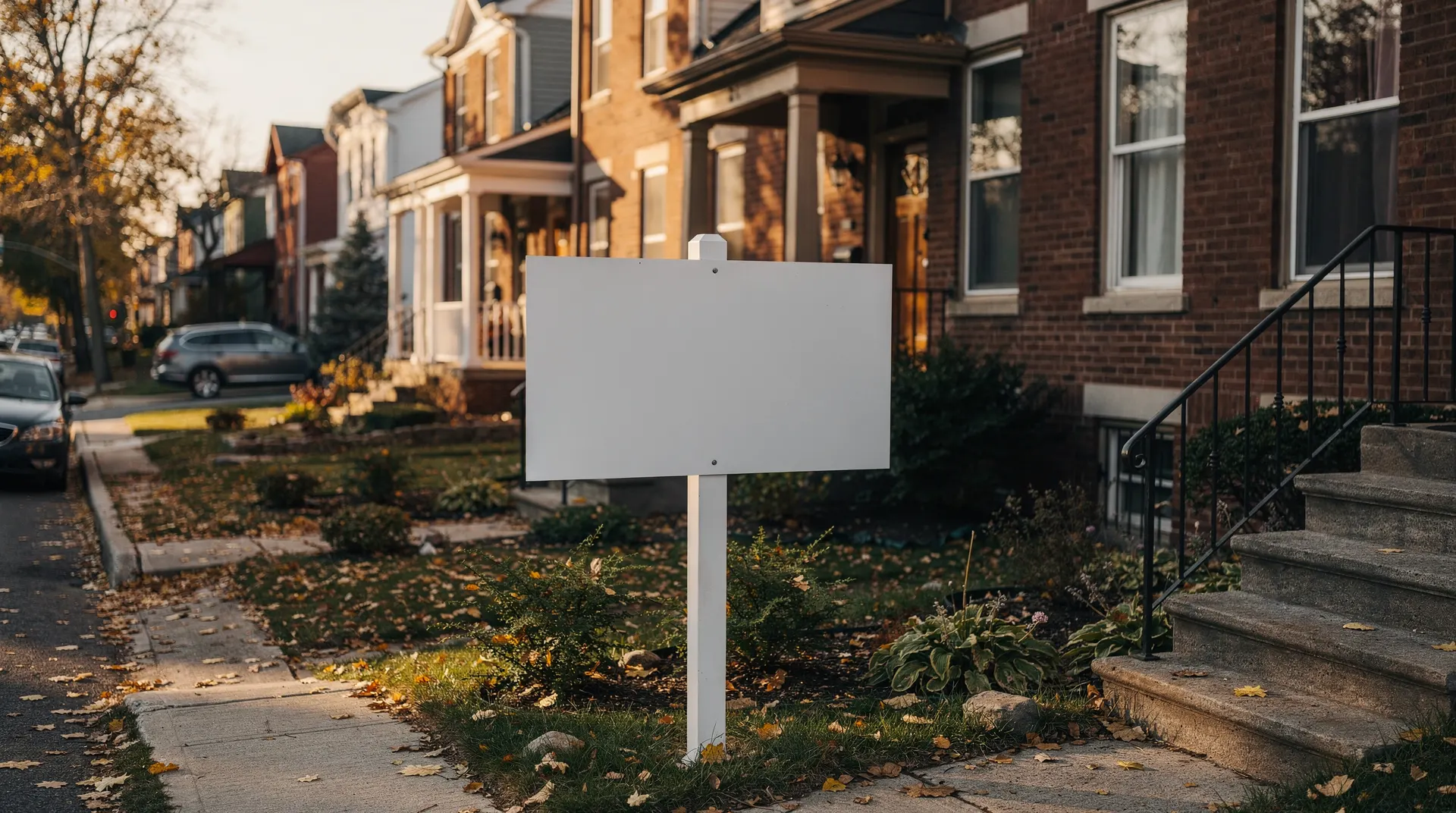 A suburban home stands behind a blank real-estate sign on a quiet street lined with other houses.