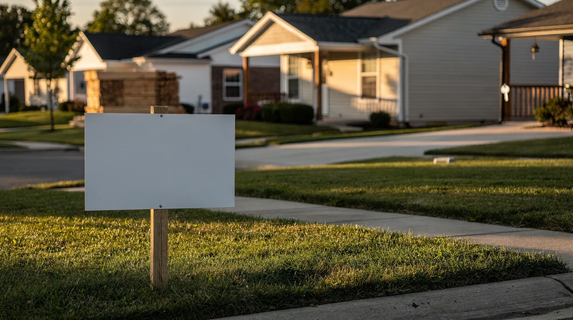 Suburban street at golden hour with a blank yard sign, empty driveway, and distant lumber stacks