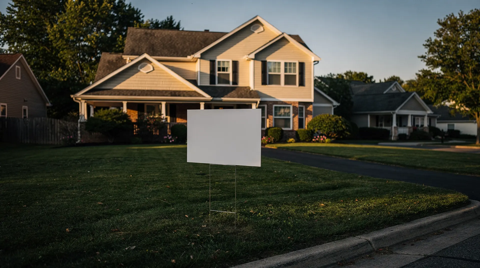 A blank yard sign stands outside a suburban home, with neighboring houses along a quiet street.