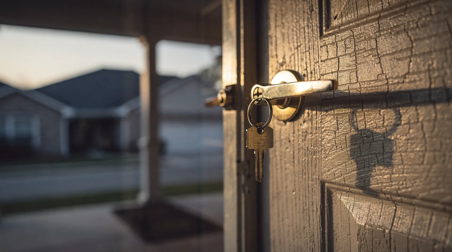 Keys hang from the handle of a closed suburban front door, with neighboring rooftops softly blurred behind it.