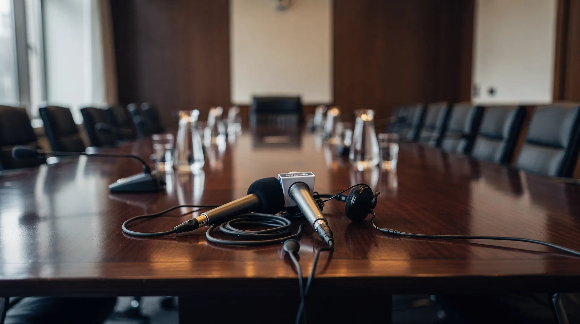 Empty chairs surround a polished conference table in a softly lit meeting room.
