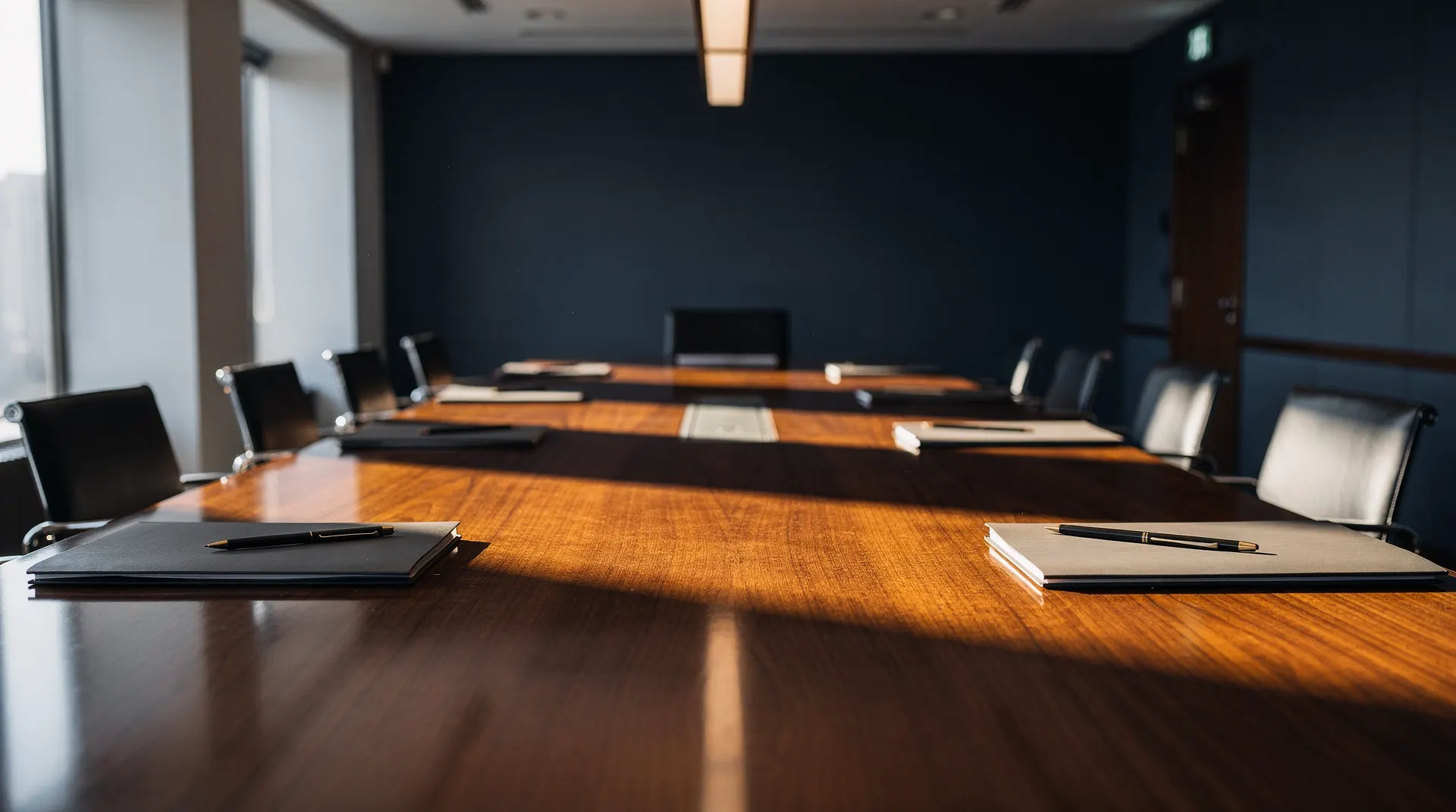 Closed folders rest on an empty conference table, with vacant chairs fading into soft focus.