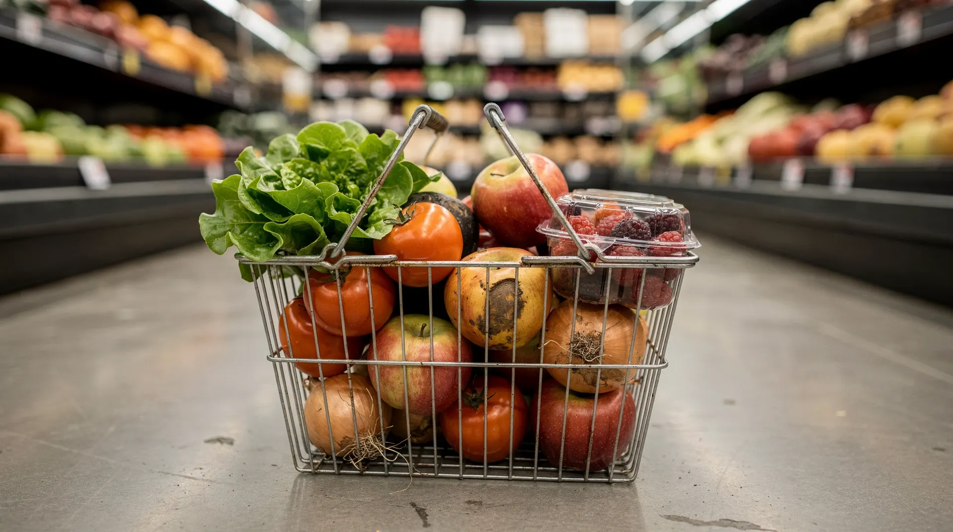 A grocery basket sits among produce in a softly blurred supermarket aisle.