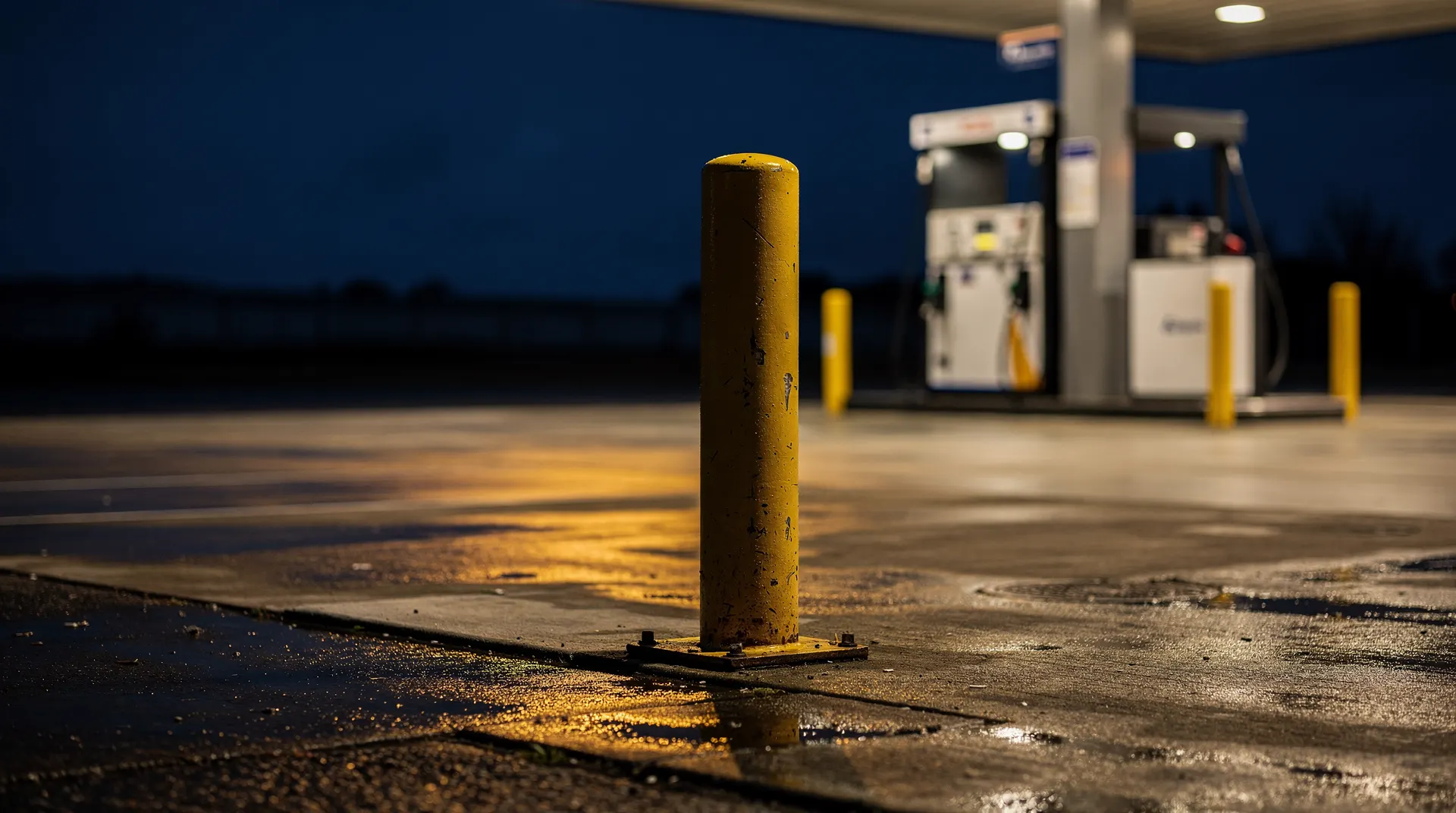 A fuel-pump nozzle rests at an empty station before dawn, with canopy lights reflected on wet pavement.