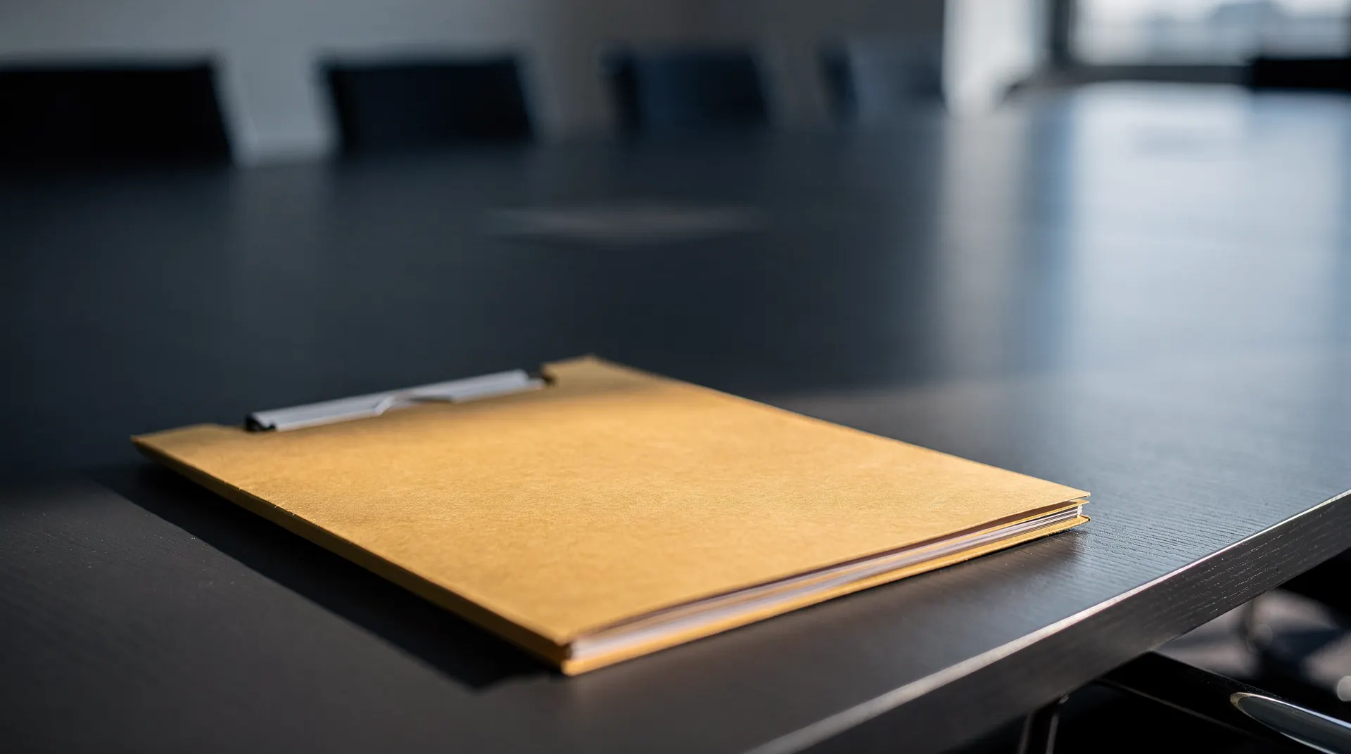 An unmarked folder rests on a conference table, with empty chairs blurred behind it.