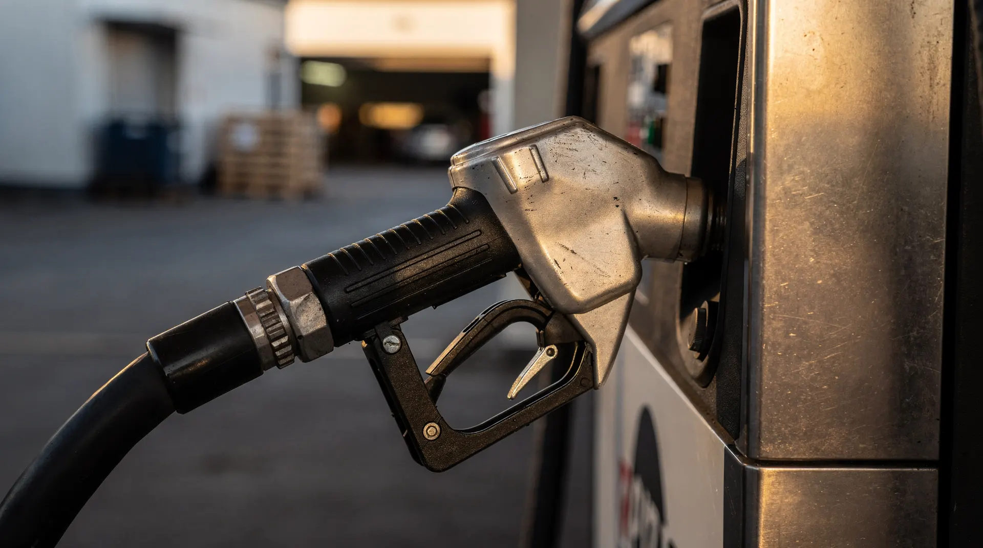 A gasoline pump nozzle in focus, with a quiet industrial loading dock blurred in the distance.