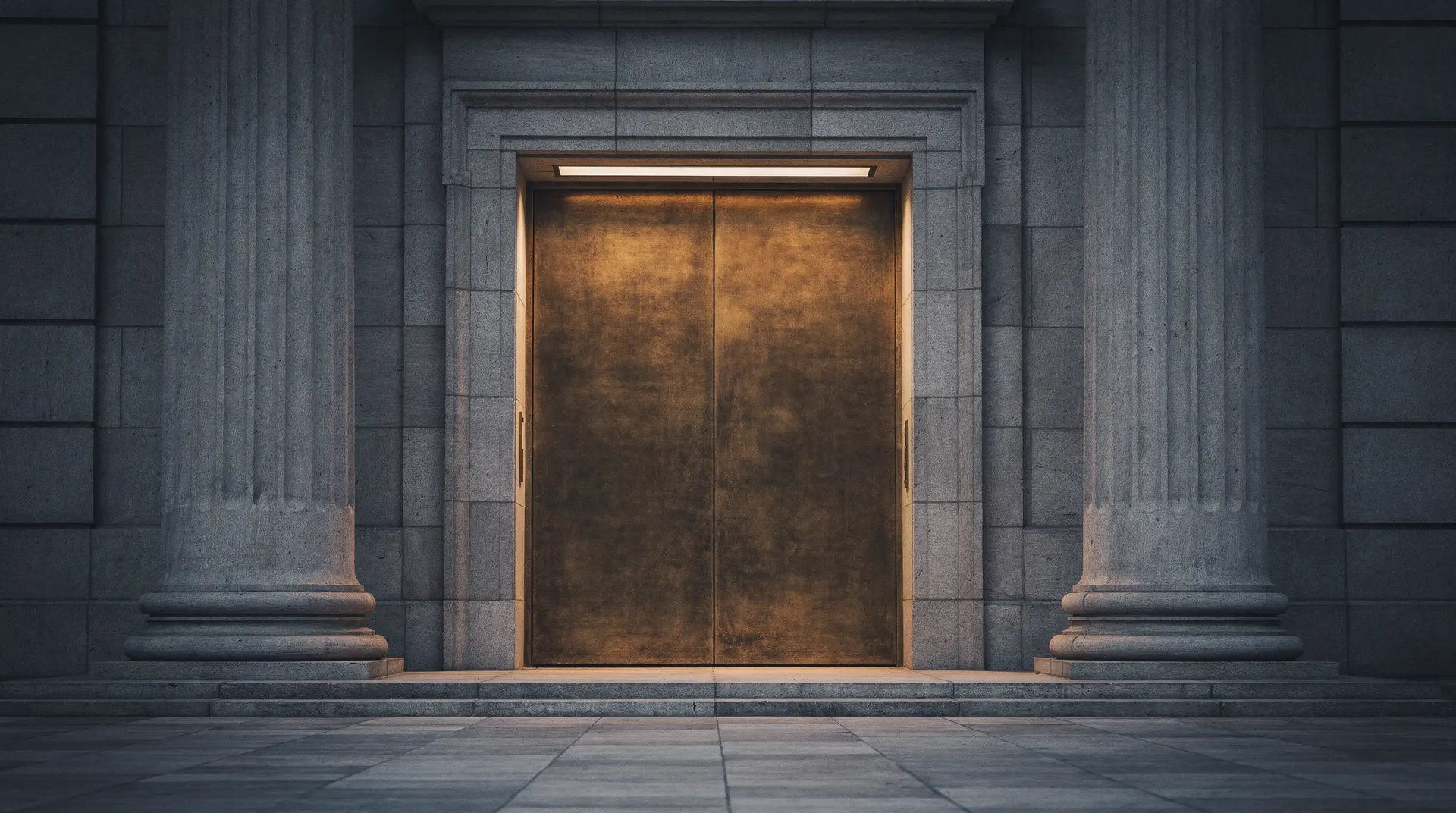 Closed bronze doors beneath stone columns, with warm light visible deeper inside.