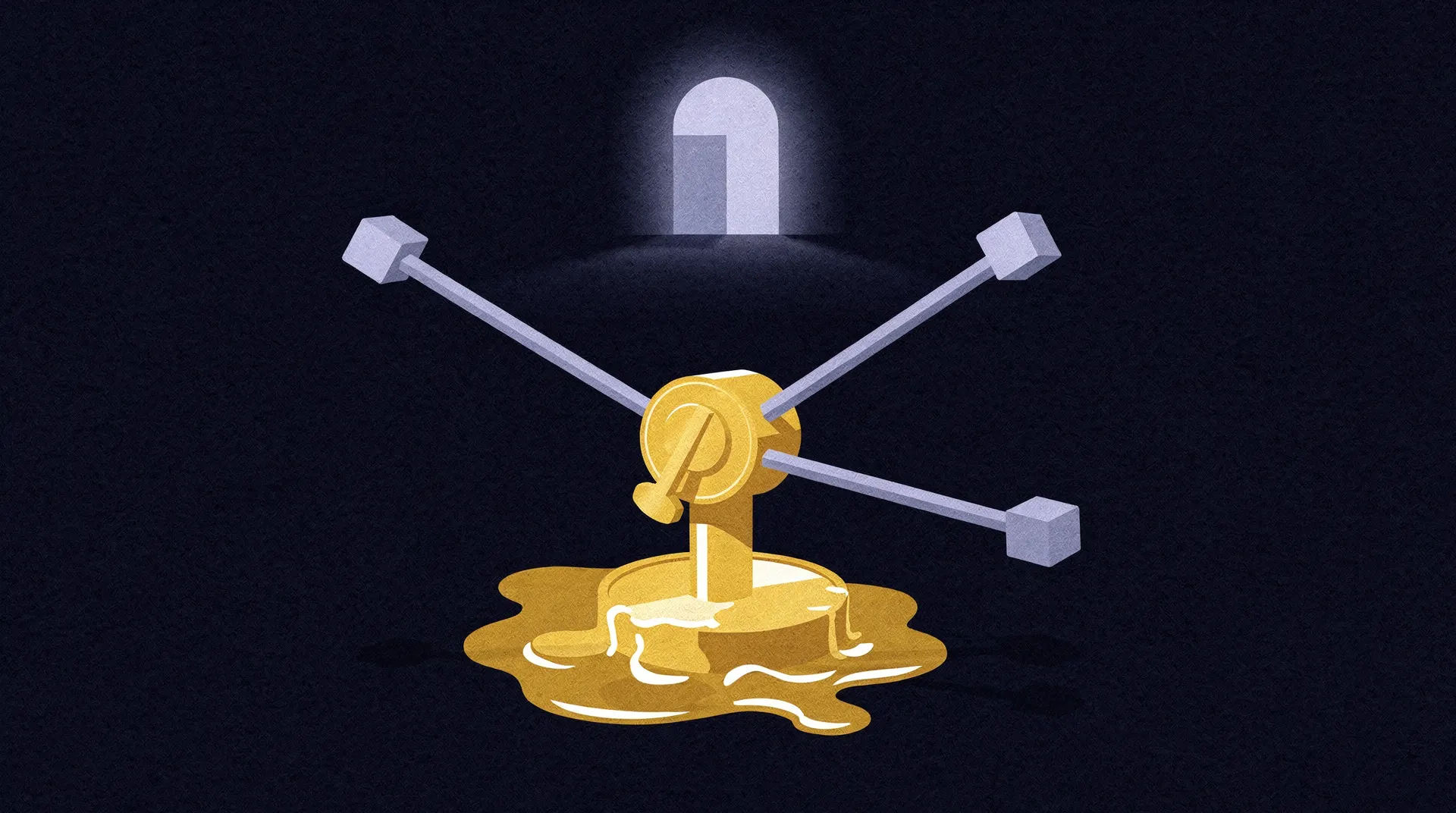 Illustration of a golden object, possibly representing an asset or currency, melting and pooling on a dark surface, with several grey bars pushing down on it from above, and a glowing arched doorway in the background.