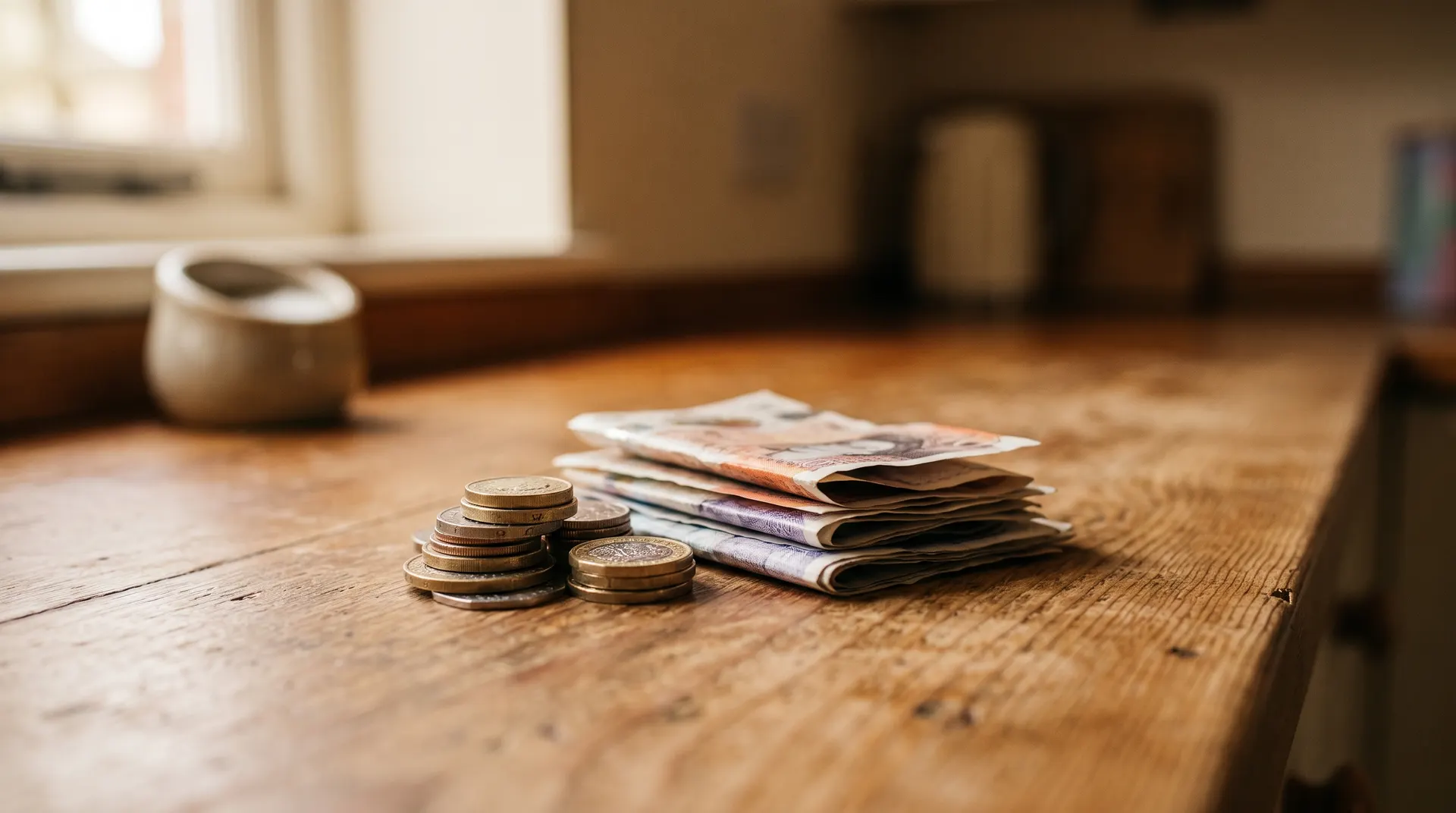 Stack of coins and bills on wooden table representing household debt