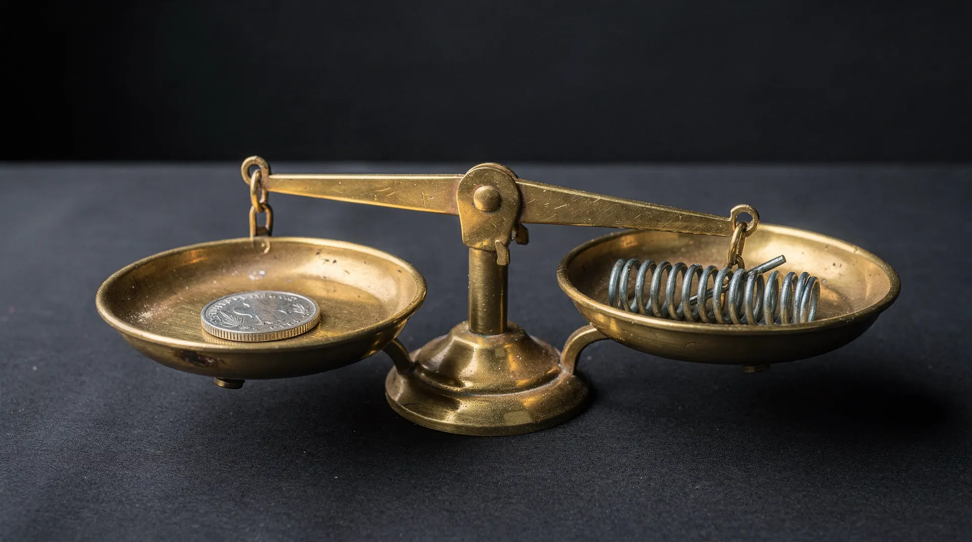 A brass balance scale holds a plain metal token on one pan and a small steel spring on the other.