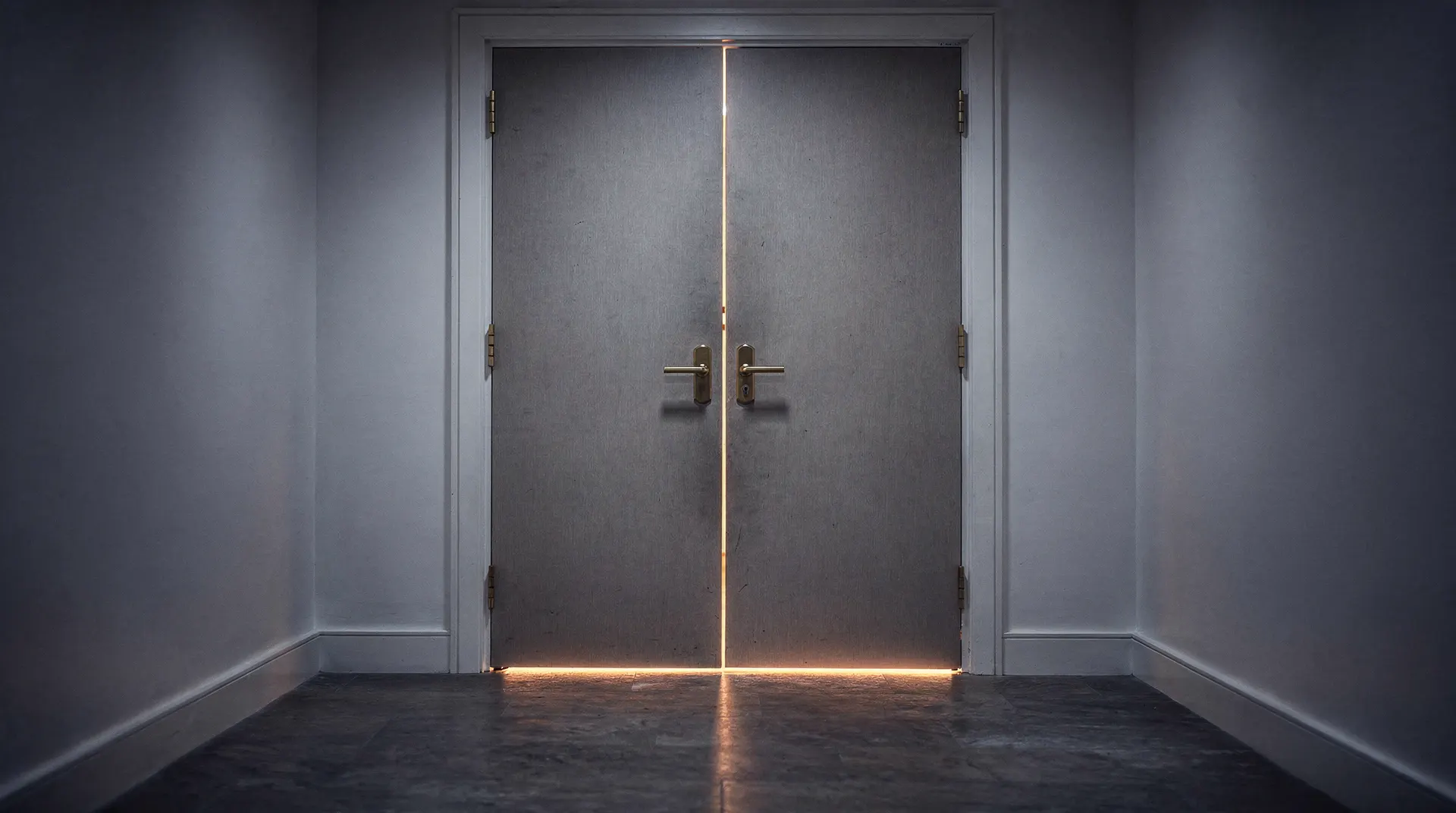 Closed meeting-room doors with brass handles at the end of a softly lit institutional corridor.