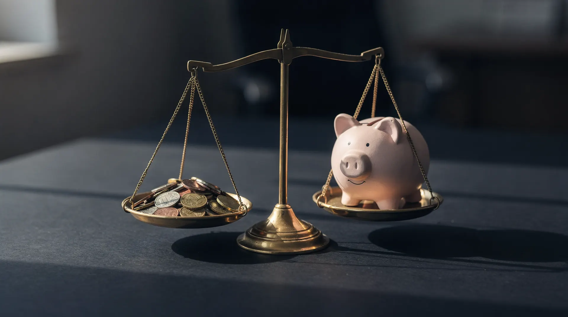 A brass balance scale holds plain coins opposite a small wooden house on a dark tabletop.