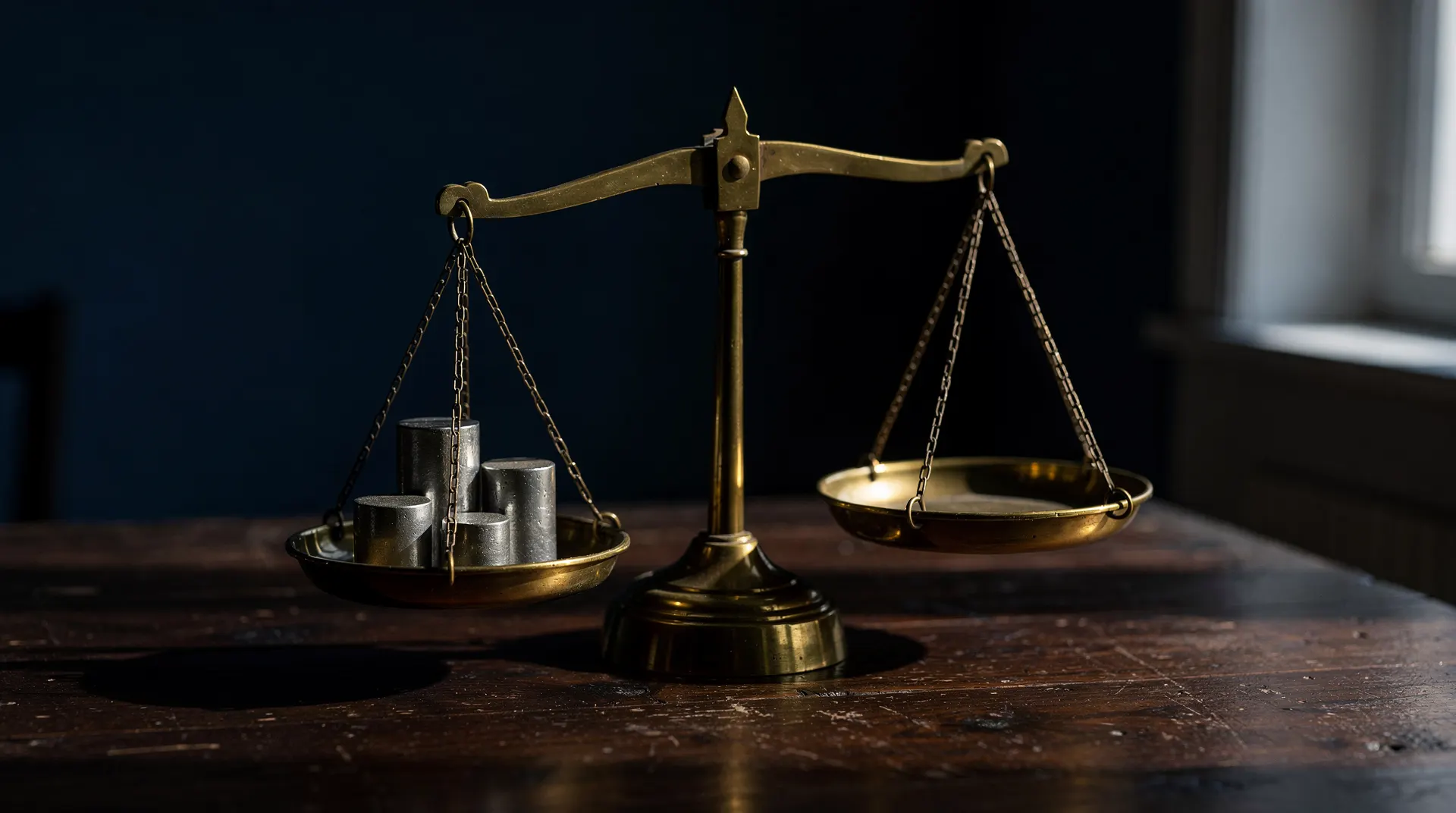A brass balance scale sits nearly level, with plain metal weights on one pan.