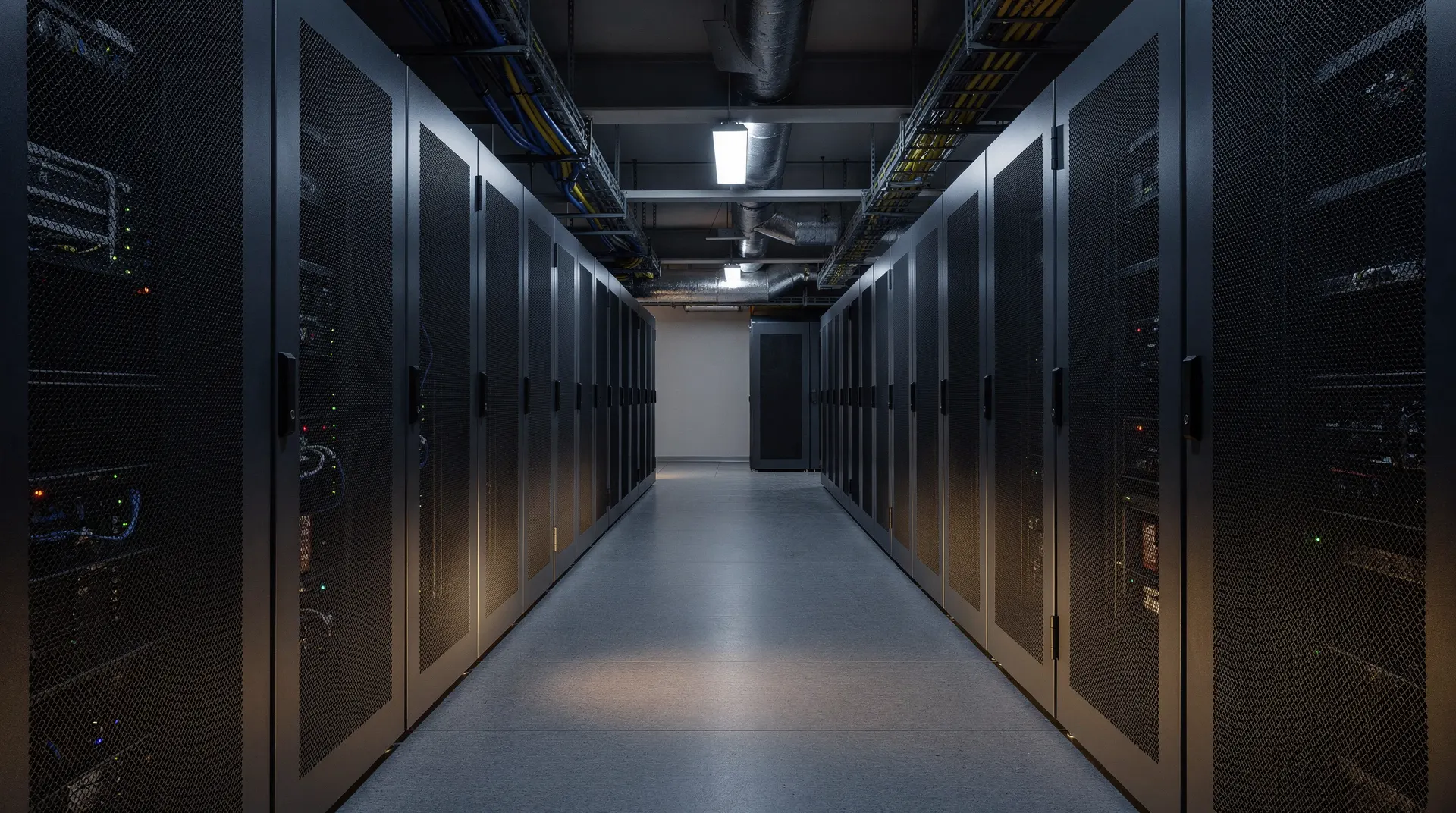 Closed server racks line an empty data-center aisle beneath overhead cooling pipes.