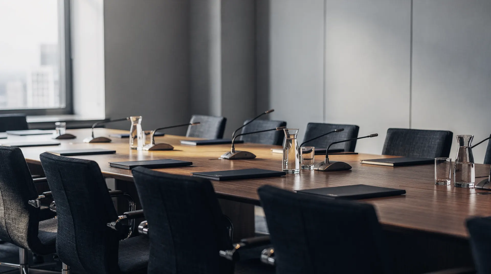 An empty conference table and chairs sit in a softly lit meeting room.