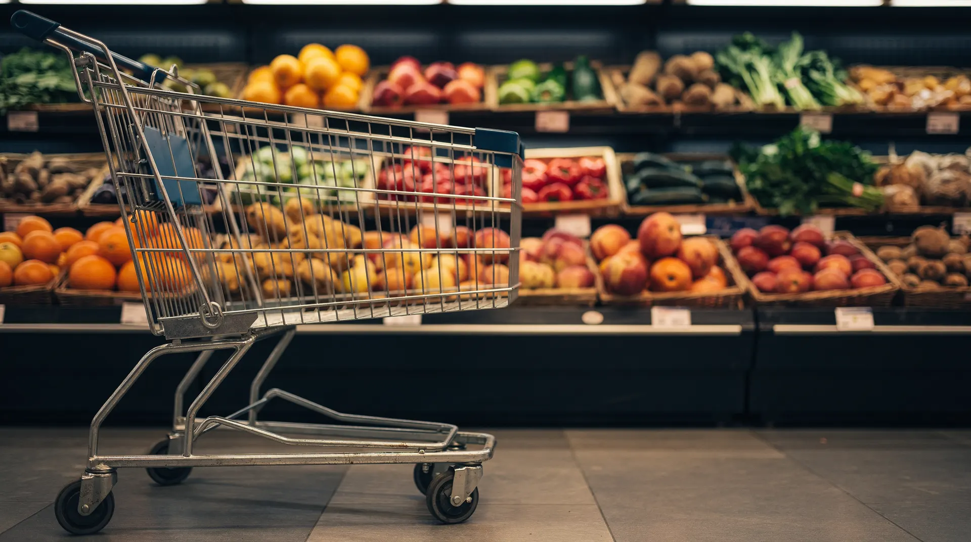 A shopping cart stands in a quiet supermarket produce aisle, with shelves fading into soft focus.