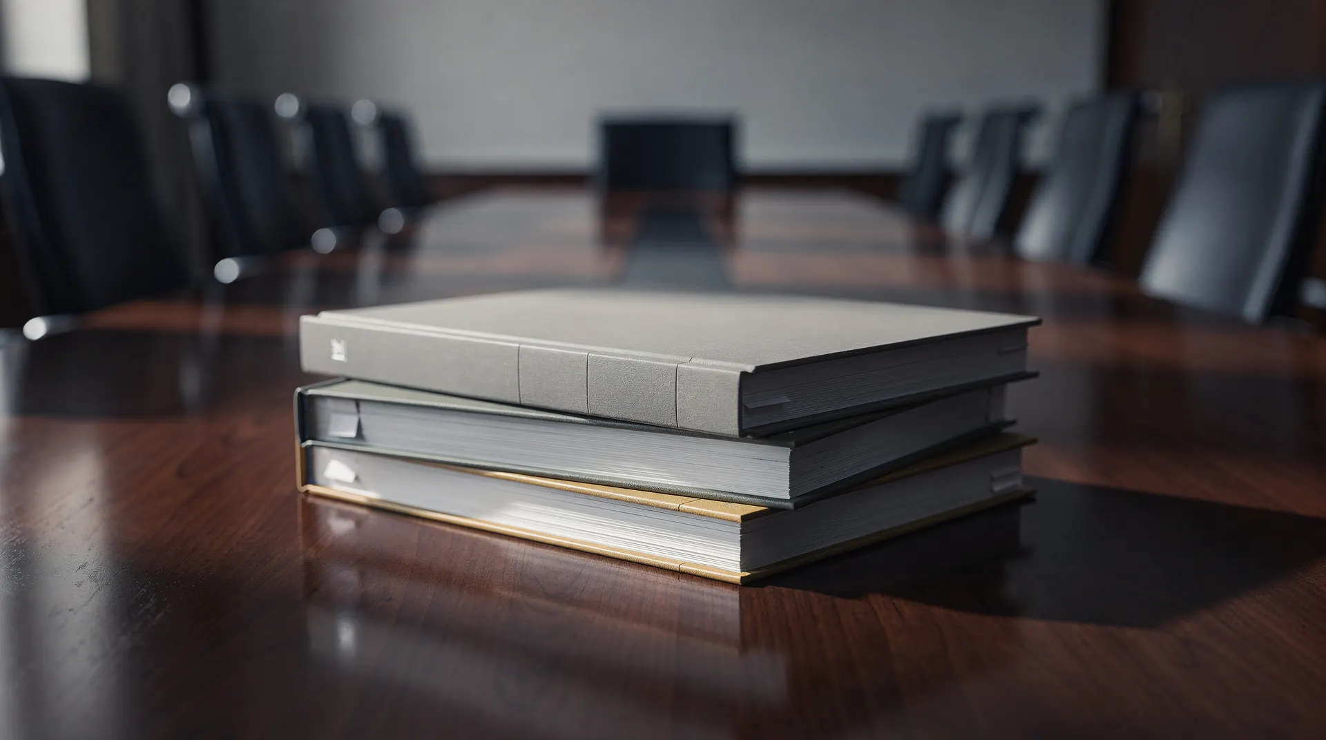 An unmarked folder rests on an empty conference table, with vacant chairs receding into soft focus.