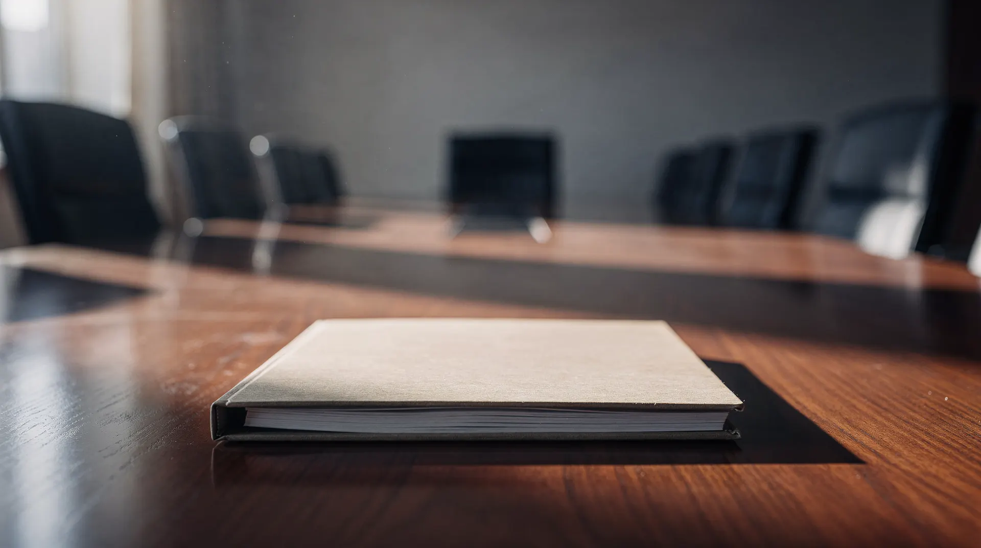 An unmarked folder rests on a conference table, with empty chairs blurred in the background.