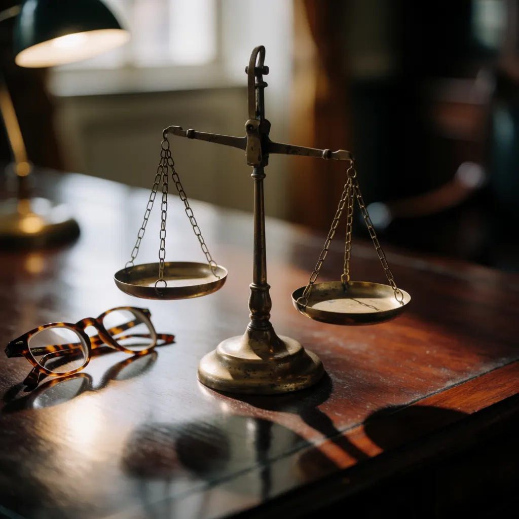 Vintage brass balance scales, with empty pans, sit on a dark wooden desk beside tortoise-shell glasses and a lit desk lamp.