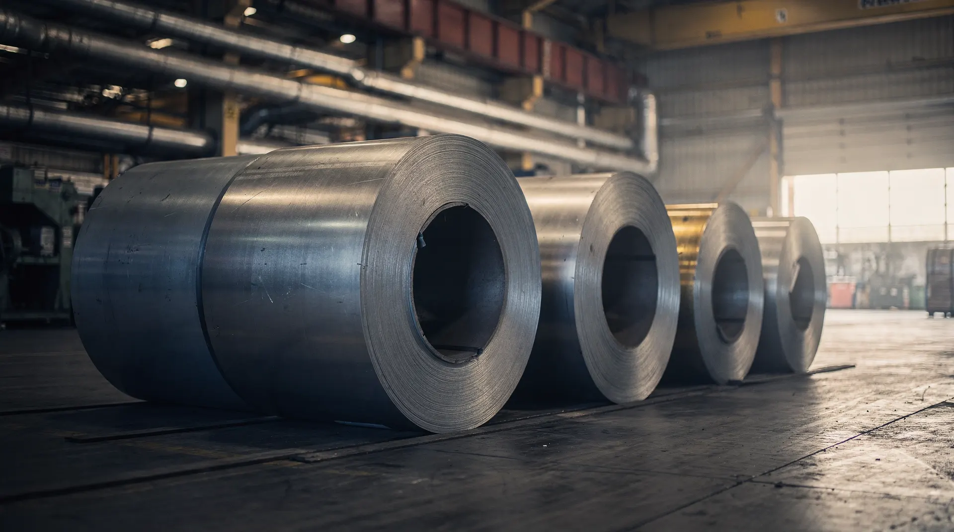 Steel coils sit on a dim factory floor, with warm light reaching a loading bay in the distance.