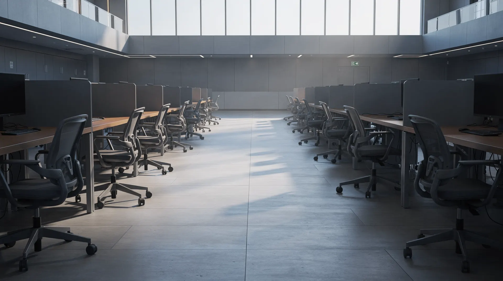 An empty exchange-floor aisle with trading desks in cool morning light