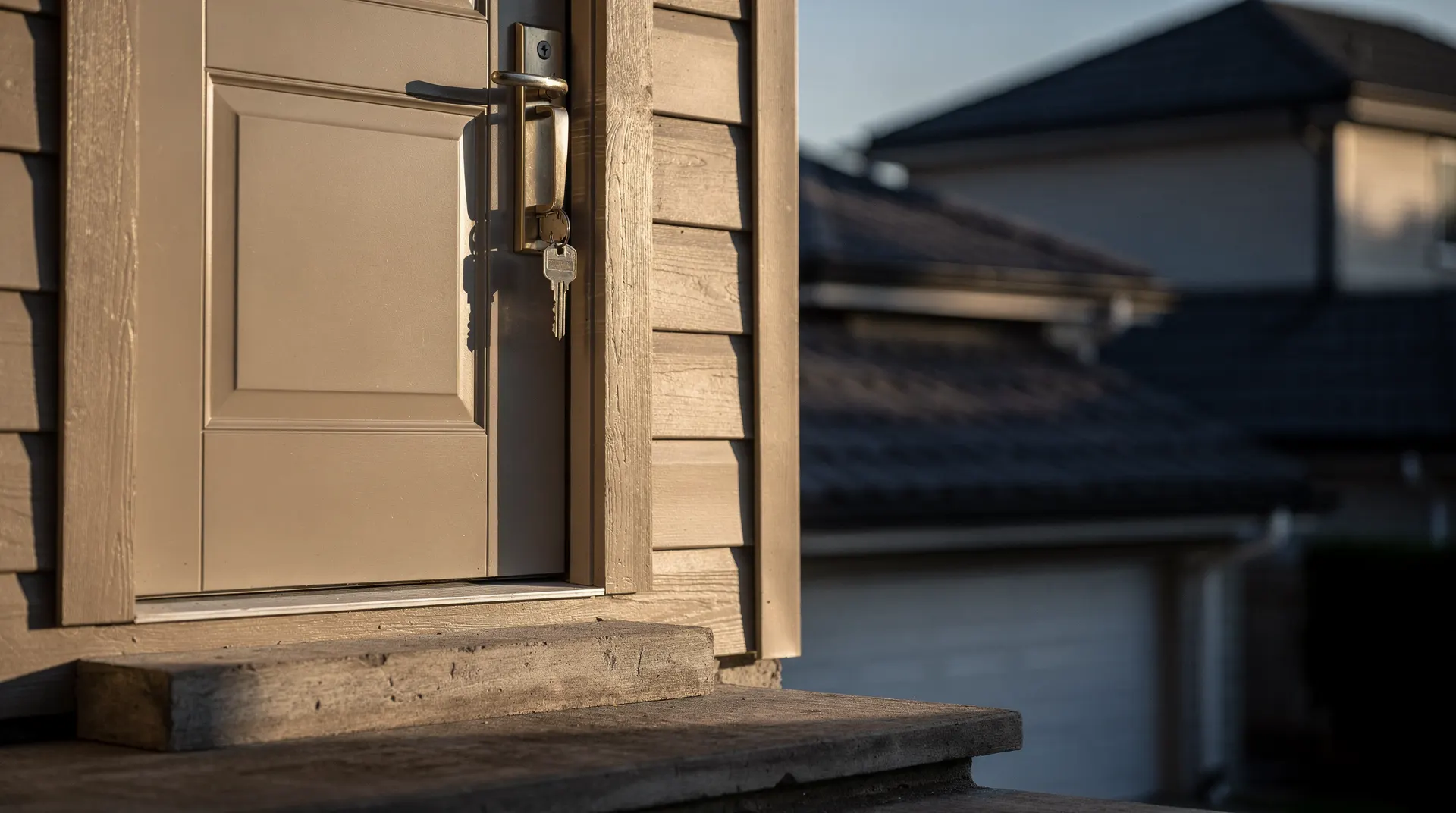A key rests in the lock of a suburban front door, with neighboring rooflines blurred behind it.
