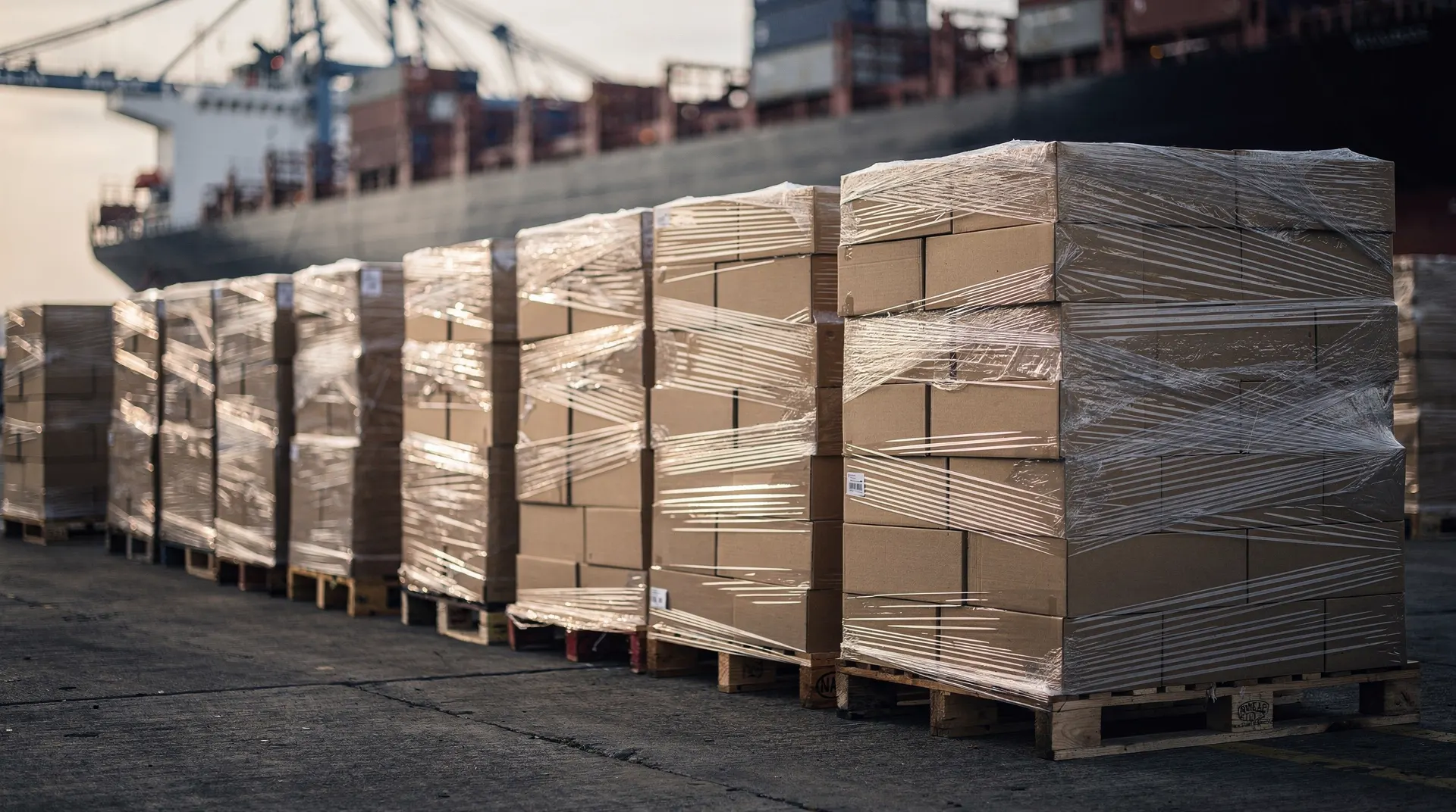 Unmarked food sacks sit on pallets at a port, with a cargo ship and cranes in the background.