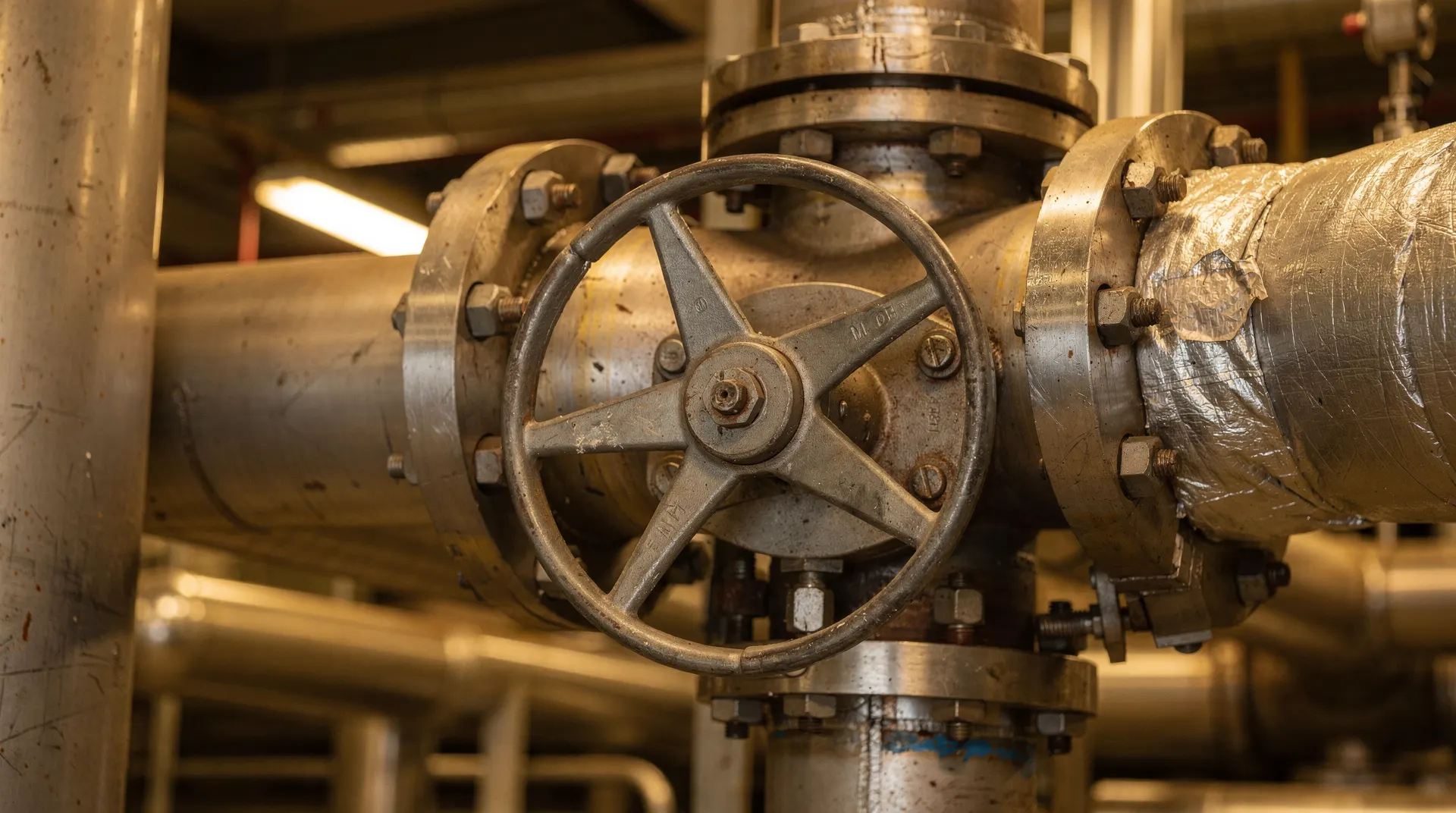 Close-up of steel refinery distillation pipes and valves, with more processing equipment blurred behind them.