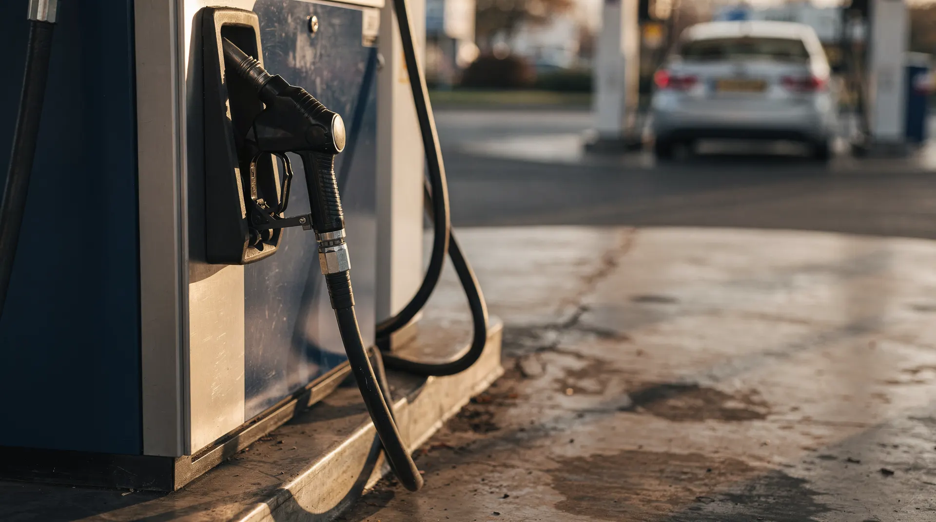 A gasoline pump nozzle rests in its cradle beside an empty fueling bay on a quiet morning.