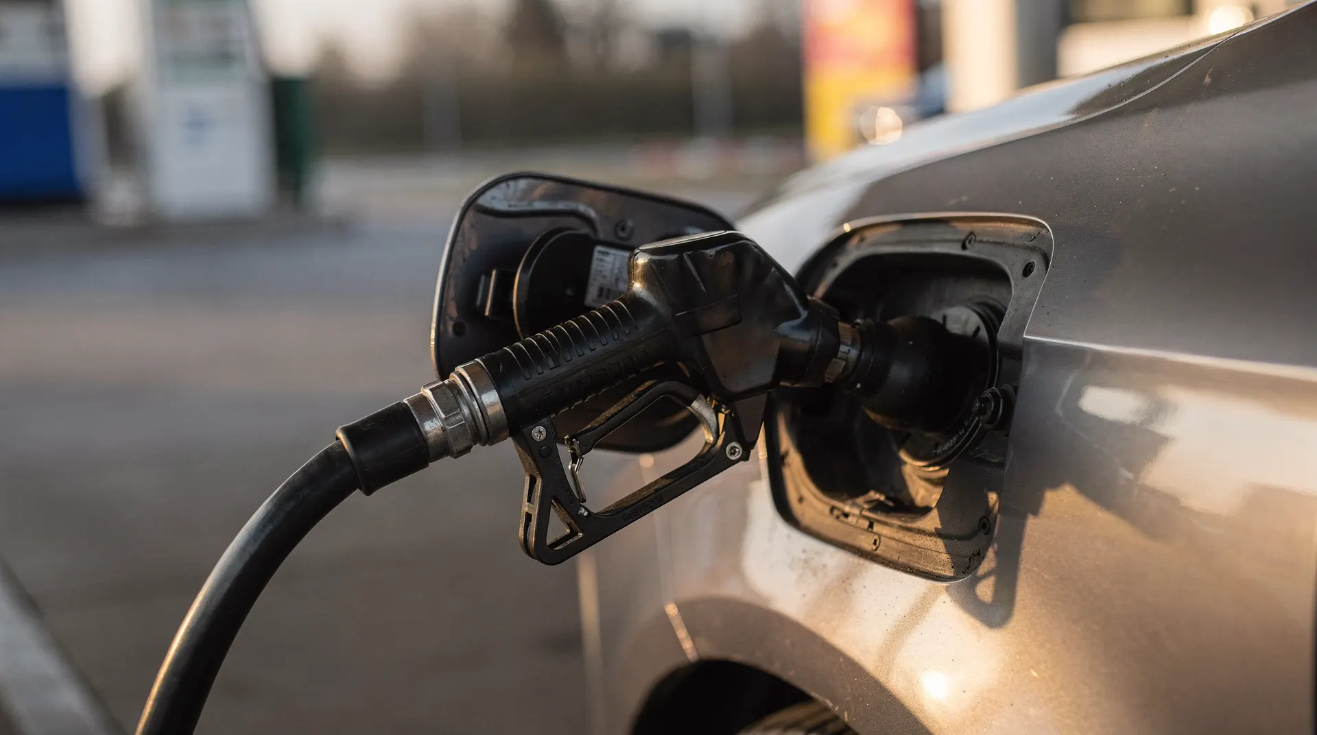 A gasoline nozzle rests in a car’s fuel filler beneath a softly blurred gas-station canopy.