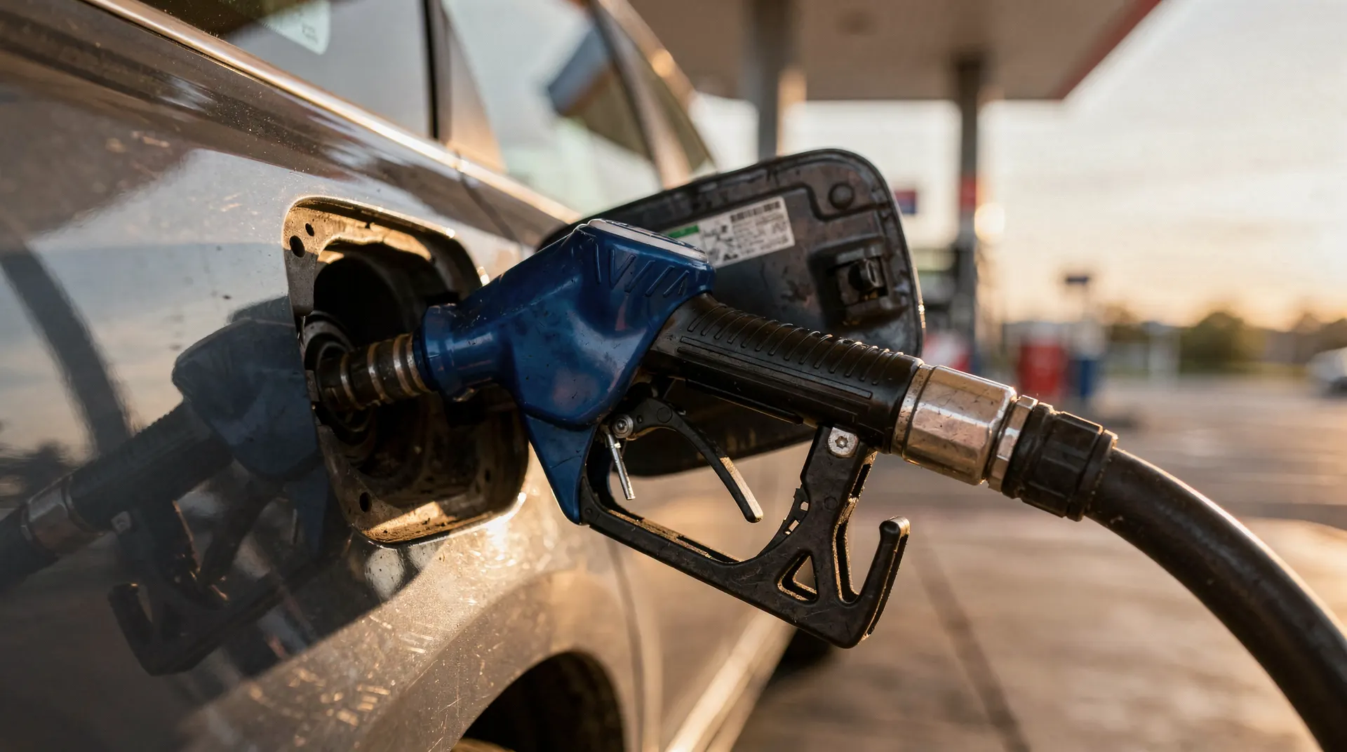 A fuel-pump nozzle rests in a car's fuel tank beneath a softly blurred gas-station canopy.