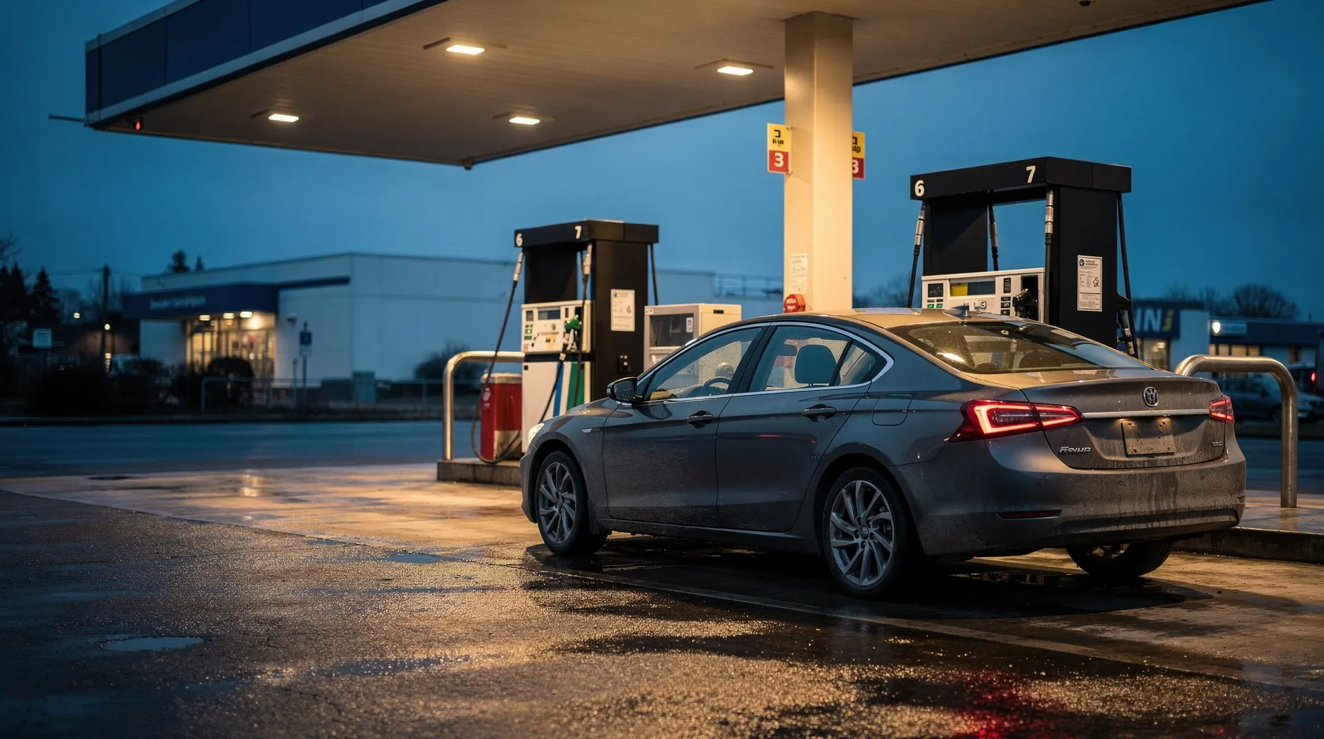 A sedan sits beside fuel pumps beneath an empty gas station canopy at dusk.