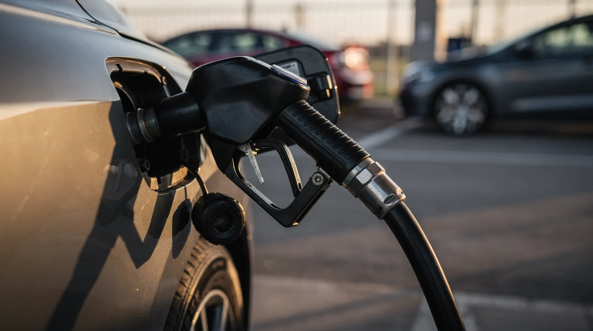A gasoline nozzle fills a car while other cars sit at pumps in the softly blurred background.