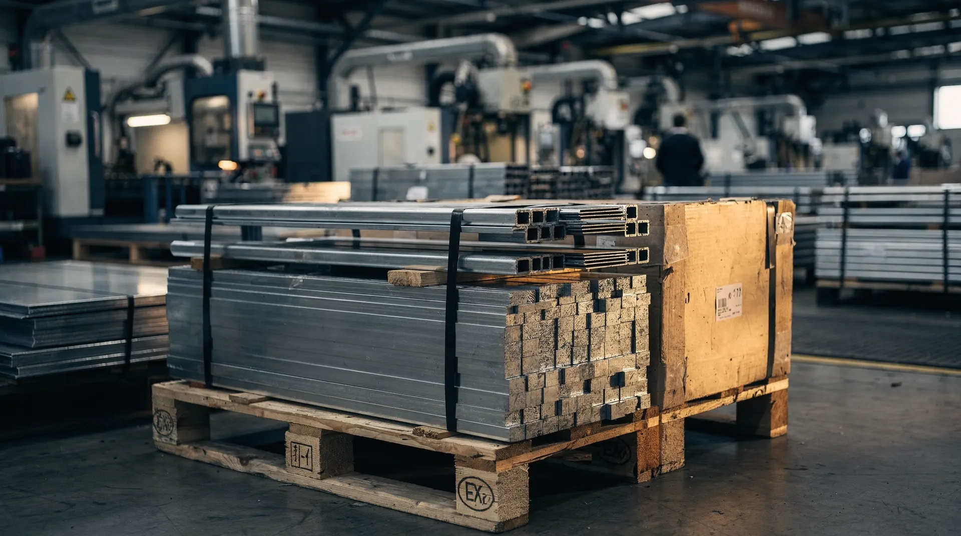 Pallets of metal stock and industrial components stand beside a softly blurred factory production line.