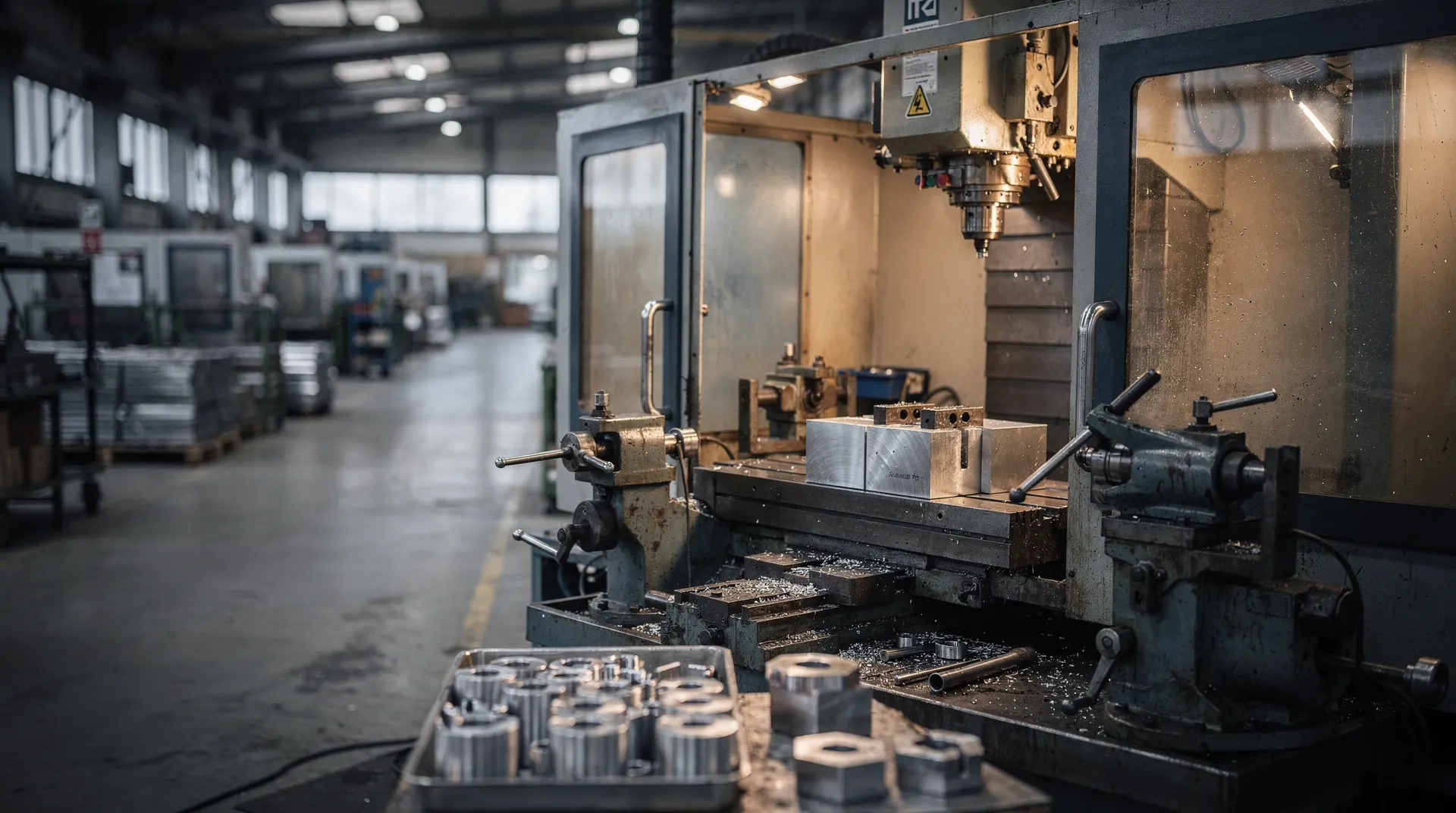 A metalworking machine and unfinished components sit beside an empty factory production aisle.