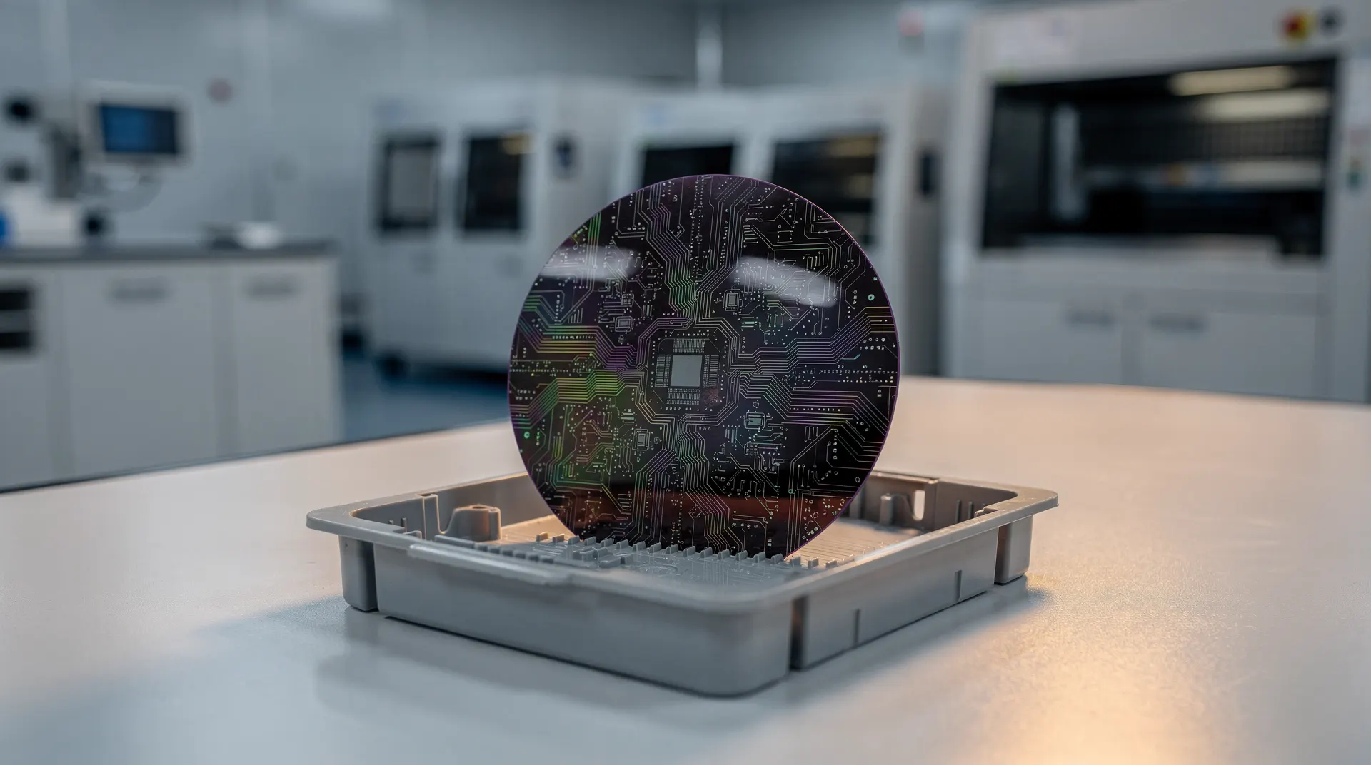 A silicon wafer rests in an unmarked carrier, with cleanroom equipment blurred behind it.