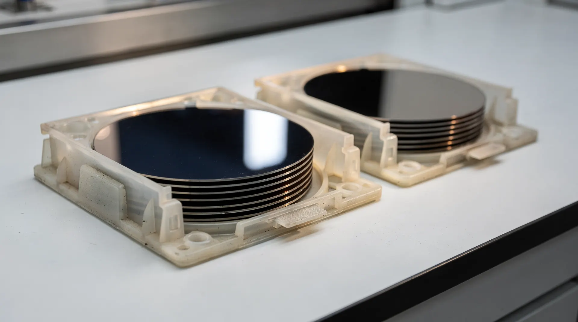 Two carriers of silicon wafers sit side by side in a softly lit cleanroom.