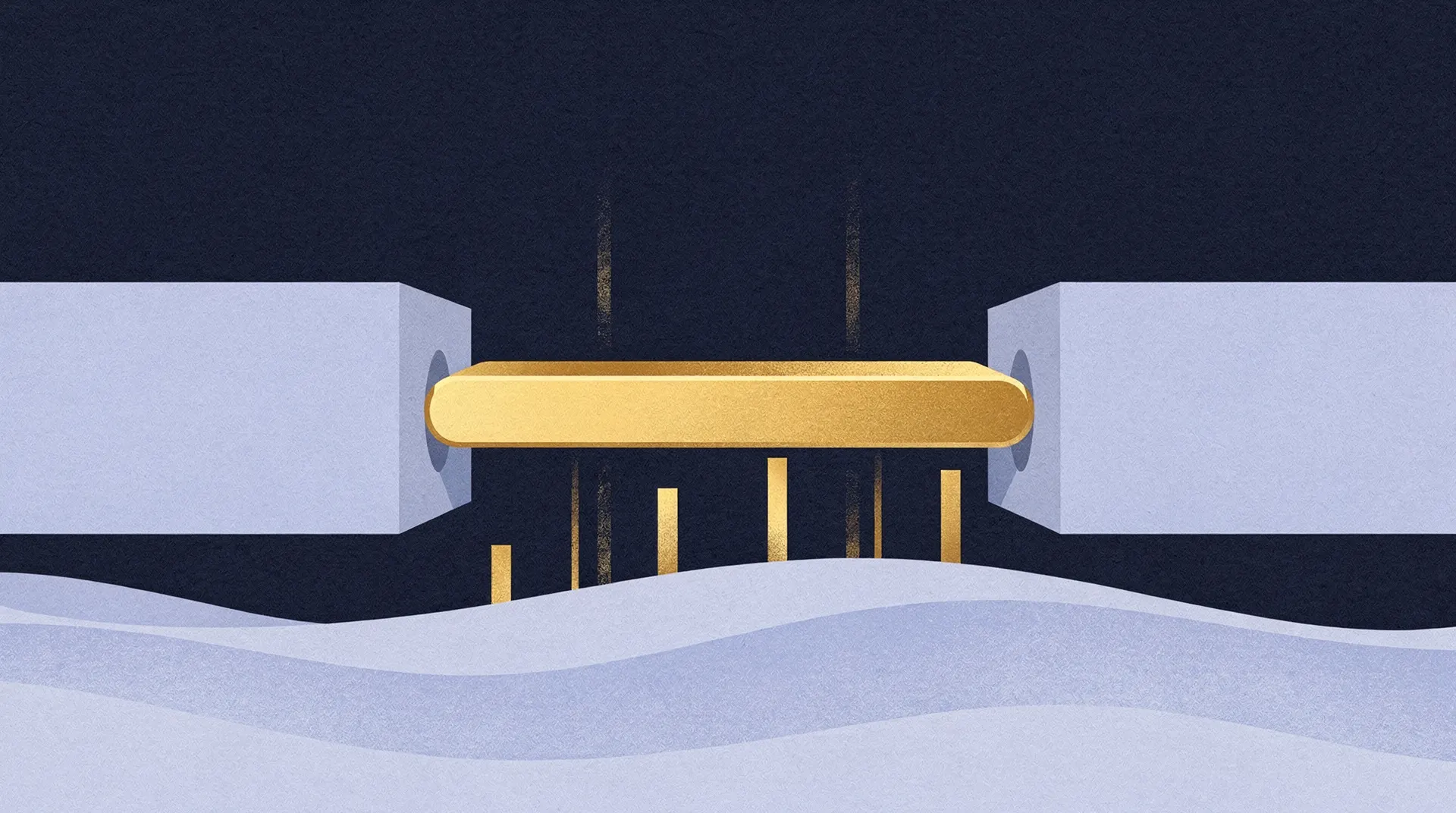 Stylized illustration of a gold bar being ejected from between two gray blocks, with smaller gold bars rising from a wavy blue surface below.