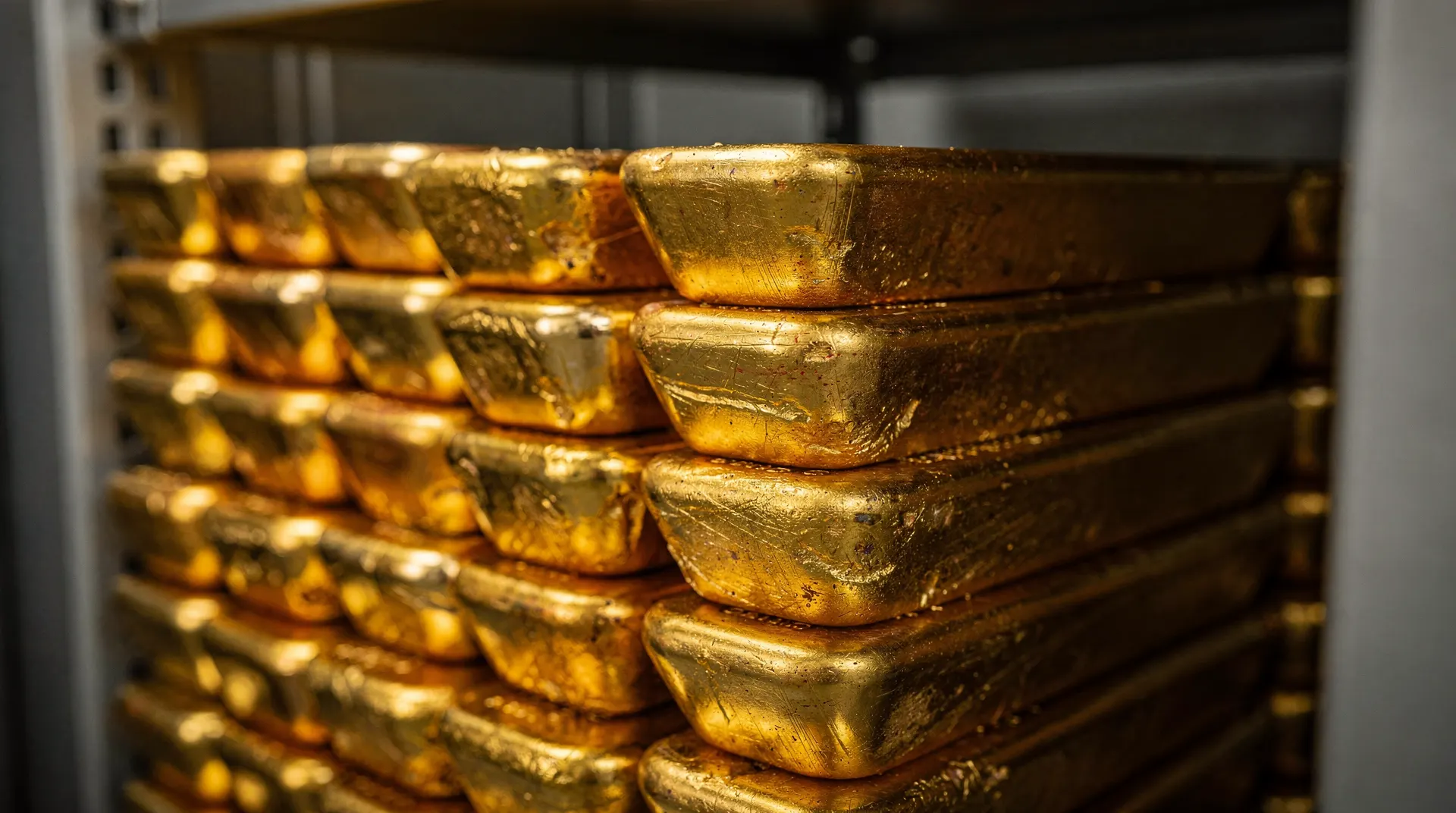 Close-up of numerous shiny gold bars stacked neatly in rows, filling a safe or vault shelf, with a dark background.