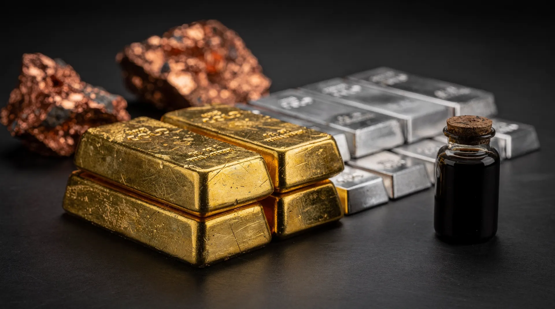 Gold bars, silver ingots, raw copper, and crude oil samples arranged together under moody industrial lighting