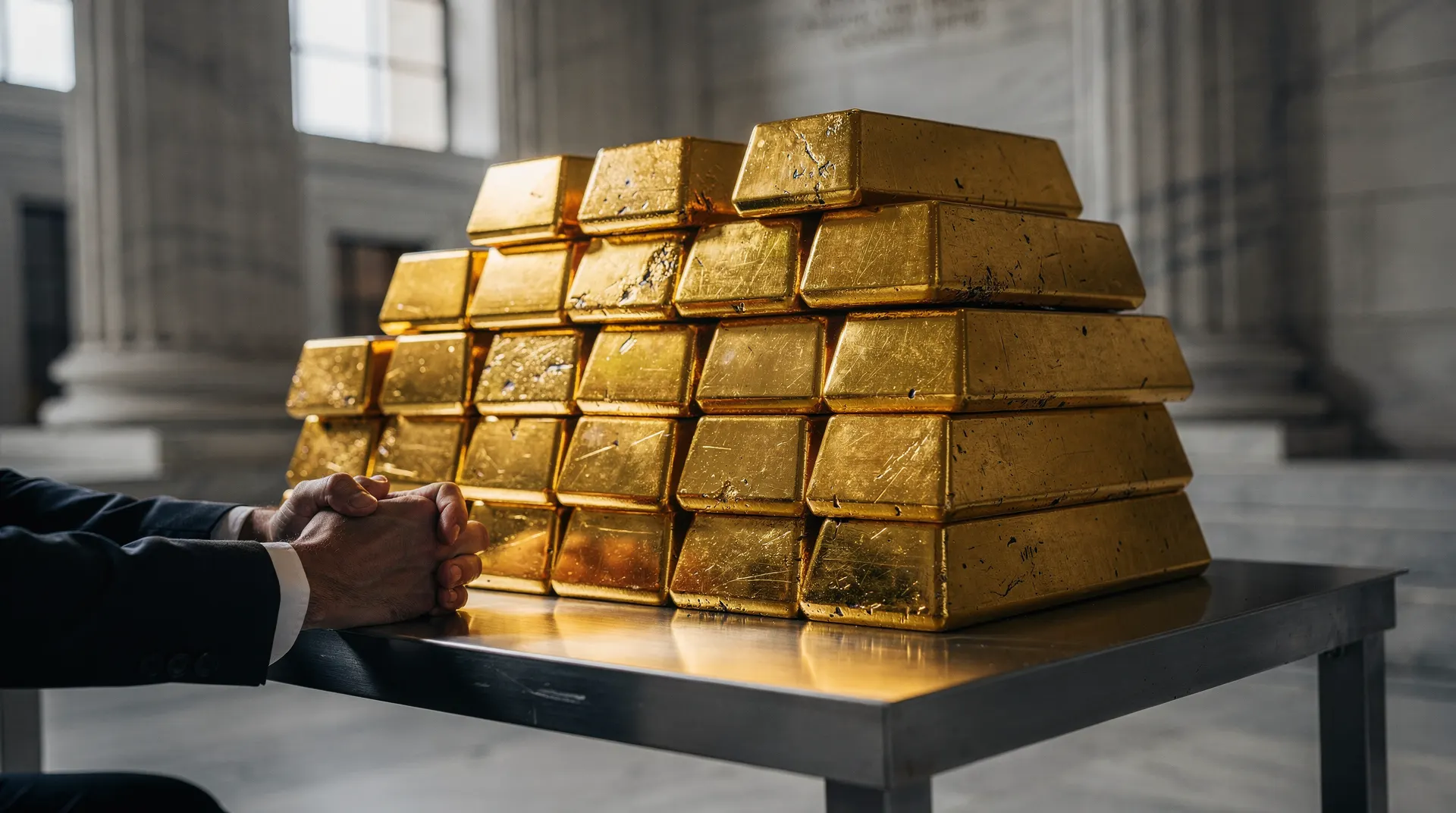 A man's hands clasped in the foreground, with a large stack of gold bars on a table in front of him, inside a grand building.