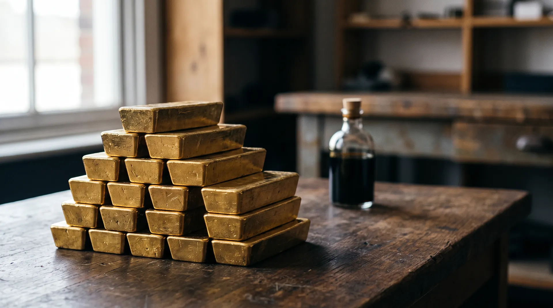 Stacked gold bars in sharp focus, with a small vessel of dark crude oil behind them.