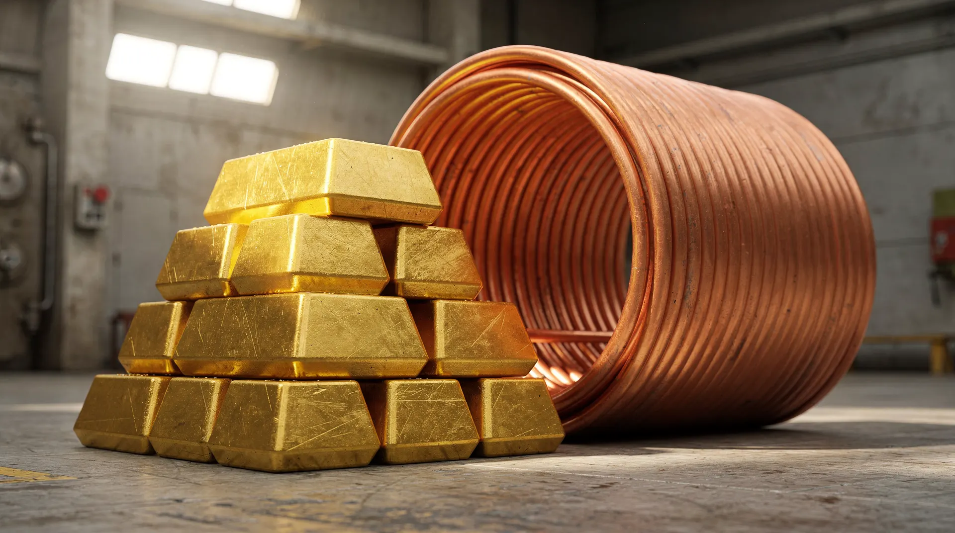 Stacked unmarked gold bullion bars beside a coil of copper tubing under soft warehouse light
