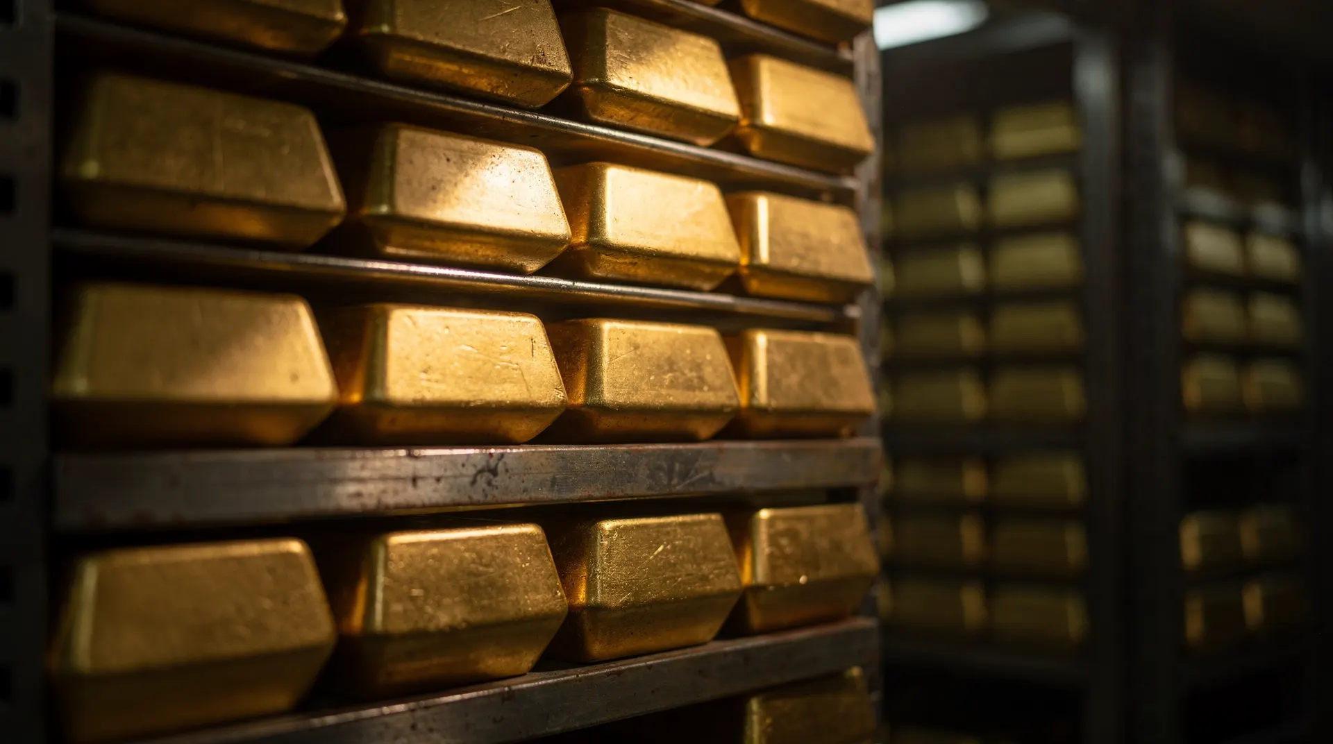 Rows of gleaming gold bars stacked on shelves in a vault or secure storage facility, extending into the background.
