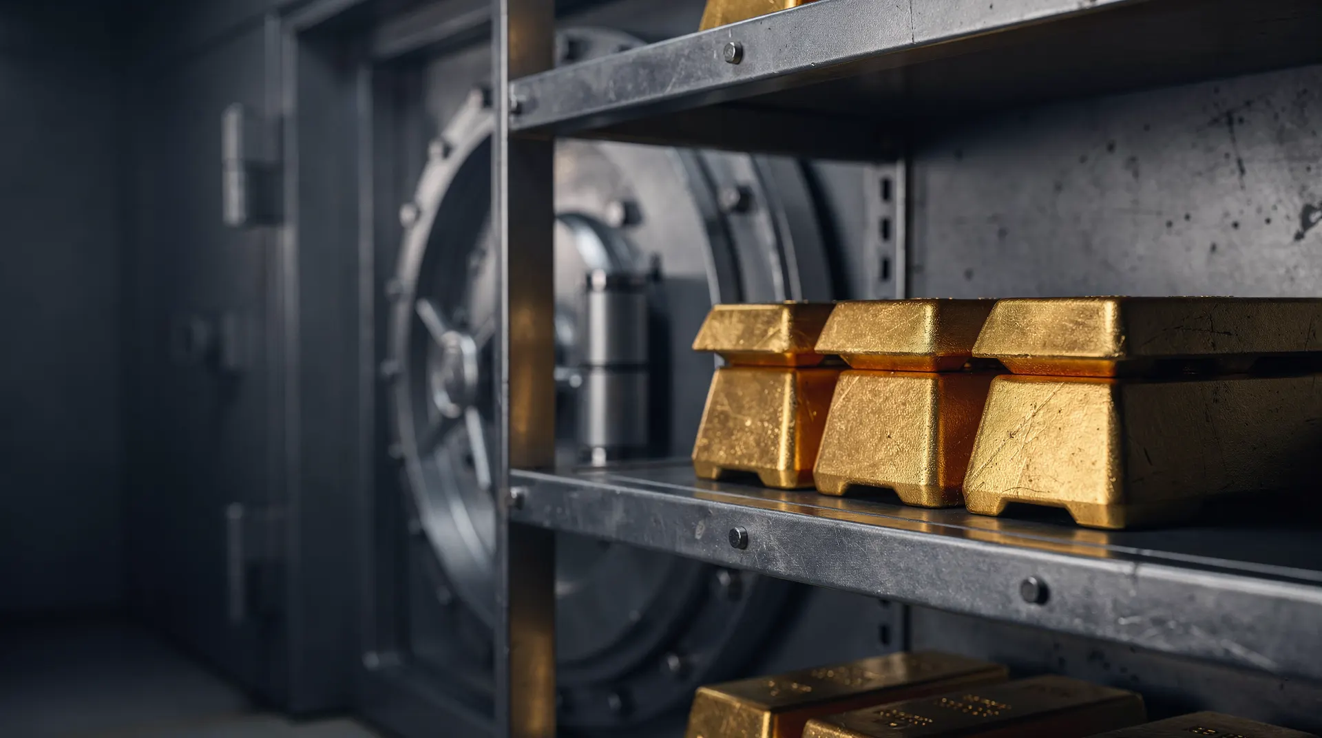 Unmarked gold bars rest on a shelf inside a dimly lit vault.
