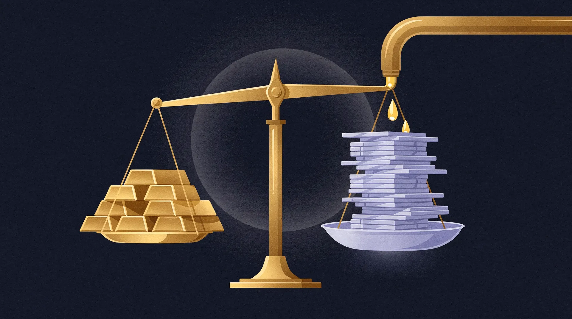 Illustration of a golden balance scale with a stack of gold bars on the left and a stack of grey slabs on the right, with golden liquid dripping onto the slabs.
