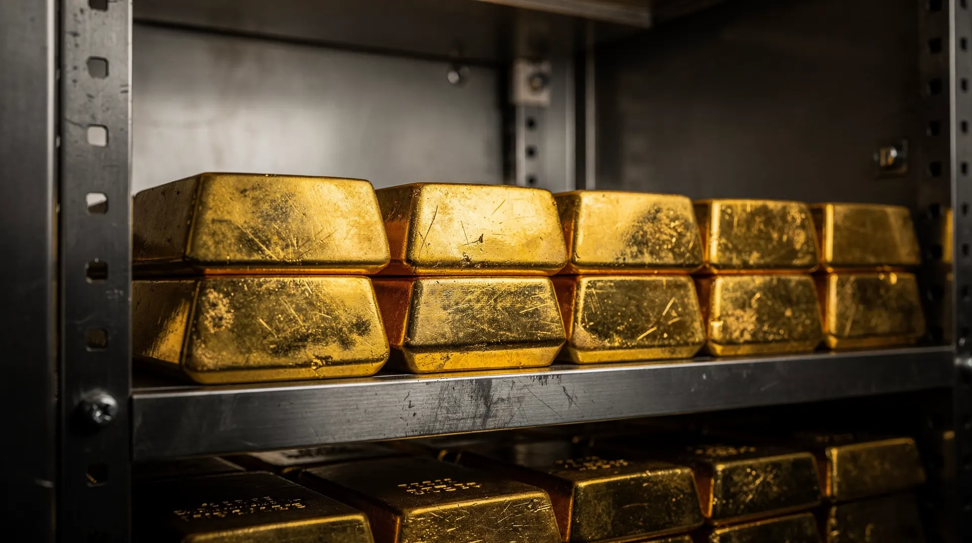 Stacked gold bars in a vault under warm lighting
