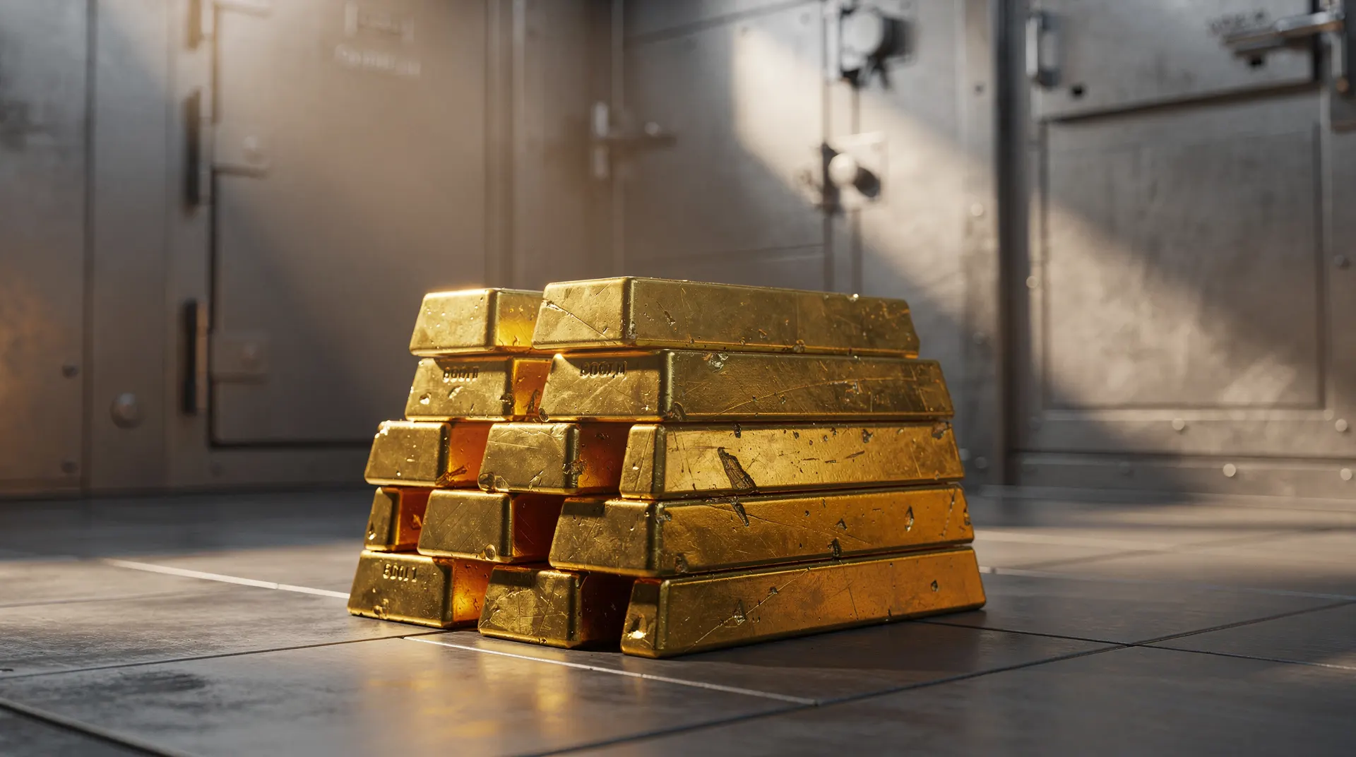 Stacked gold bars in a vault with warm golden-hour lighting
